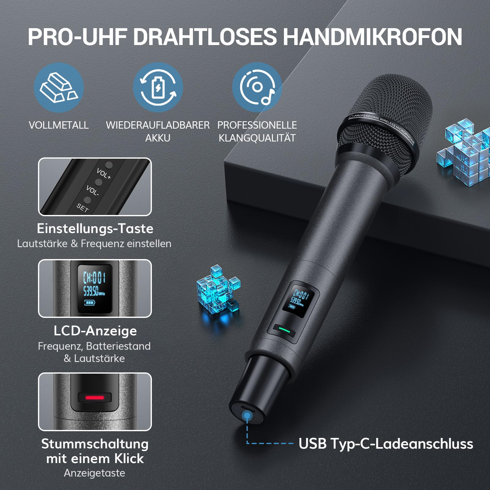 TONOR Mikrofon Kabellos, Wiederaufladbares Funkmikrofon Set, Metall, UHF, 2x20 Einstellbare Wireless Microphone für Kirche, Party, Hochzei, Hochzeit mit Einstellbarer Lautstärke, 80 m, TW520