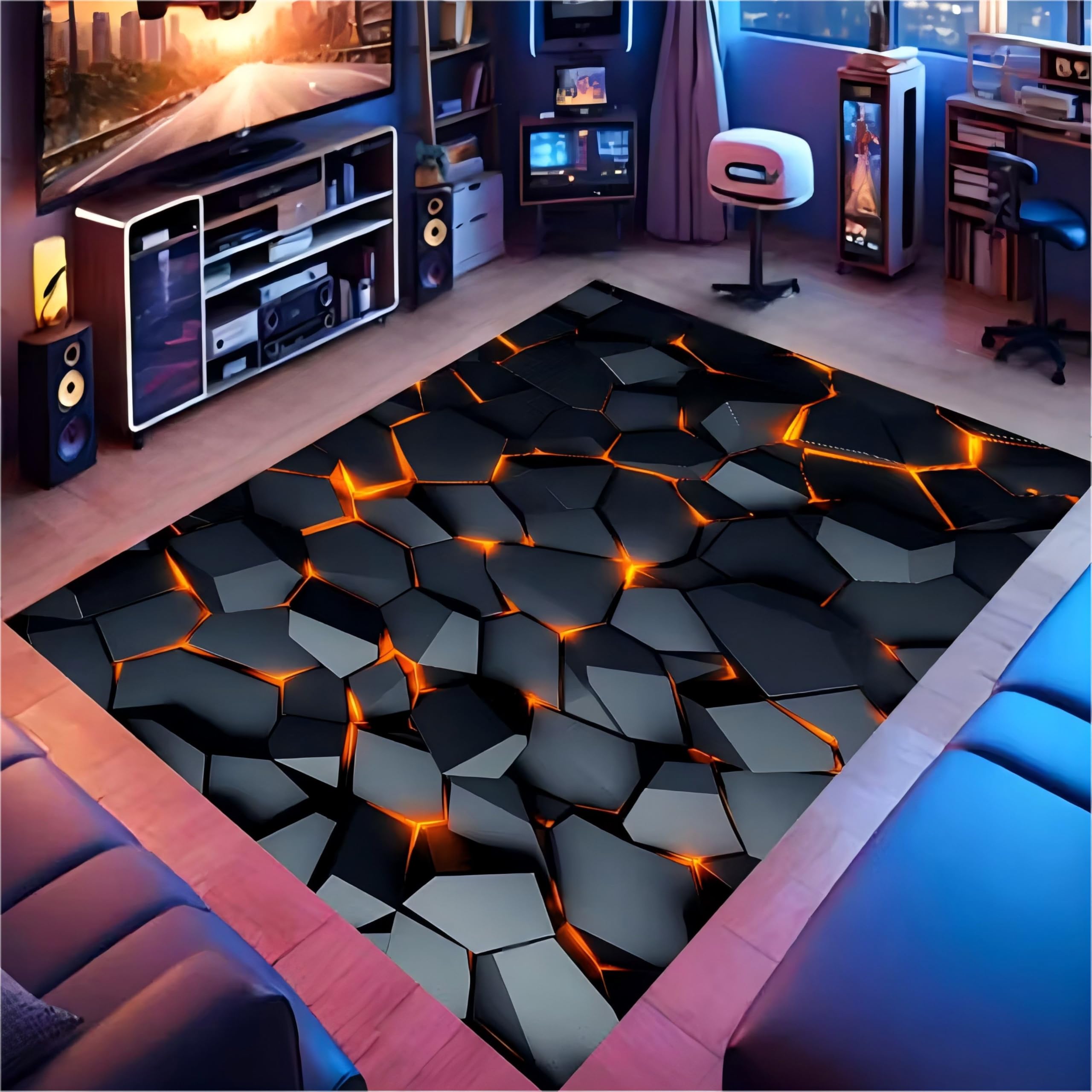 USHIRUG Geometric Area Rug, 70x140cm Abstract Geometric Black and Orange Lava-Style Boy's Playroom Mat, Non-Slip, Washable, 3D Illusion Carpet for Living Room, Bedroom, Dining Room, Bedside Decorate