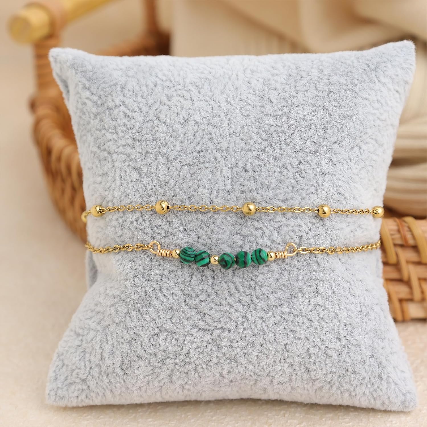 Dainty Gold Beads Chain Layered Bracelets for Women, Boho Handmade Adjustable Green Gemstone Quartz Crystal Natural Healing Stone Bracelet Prom Jewelry Gifts. - Image 5