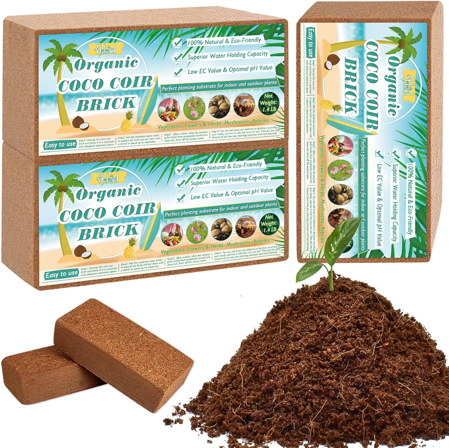 Halatool 3PCS Organic Coco Coir Brick Compressed Coconut