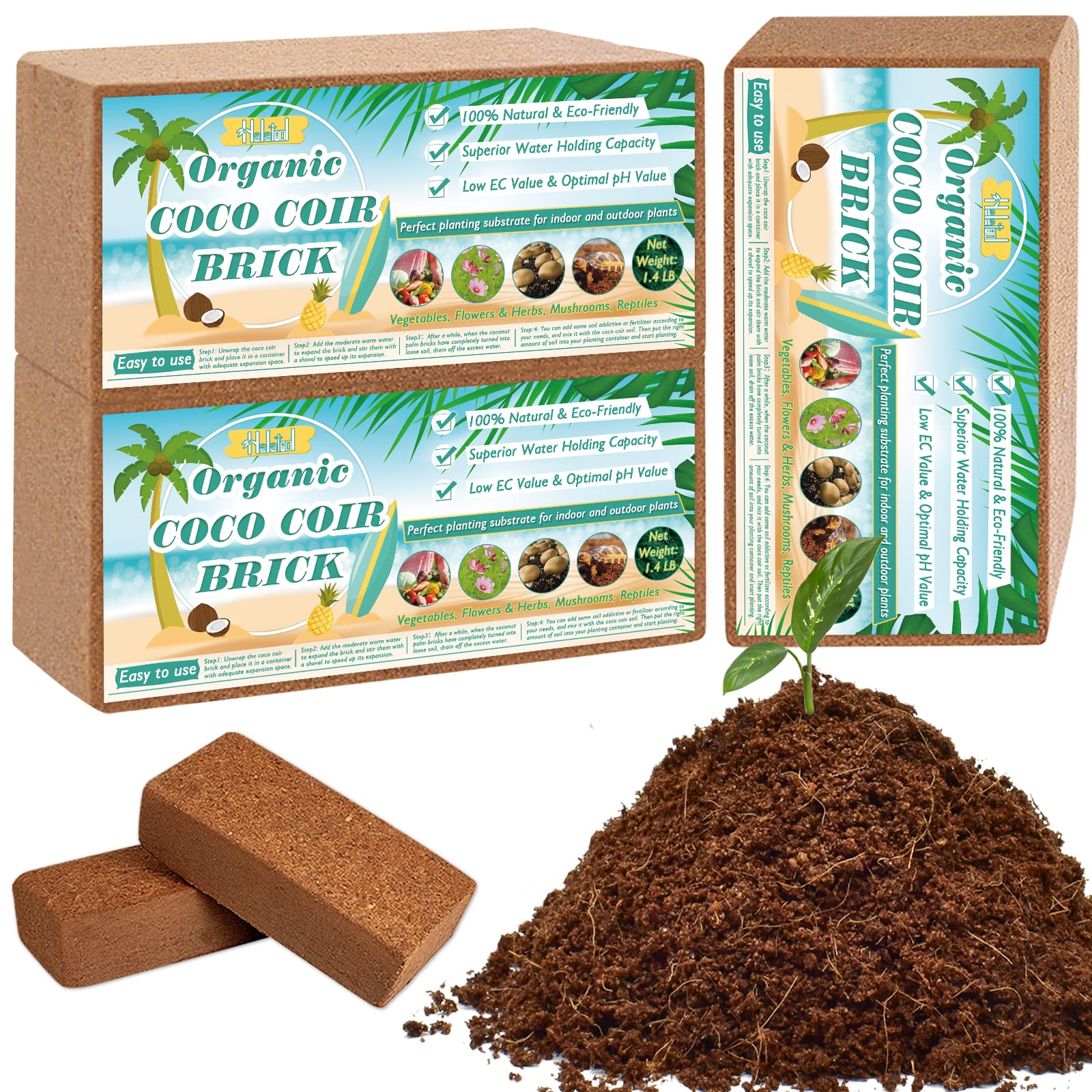 Halatool 3 Pcs Organic Coconut Coir Bricks for Plants, Compressed Coco Peat Coir Brick Coconut Fiber Substrate with Low EC & pH Balance, High Expansion Coconut Seed Starter Soil for Planting Flowers