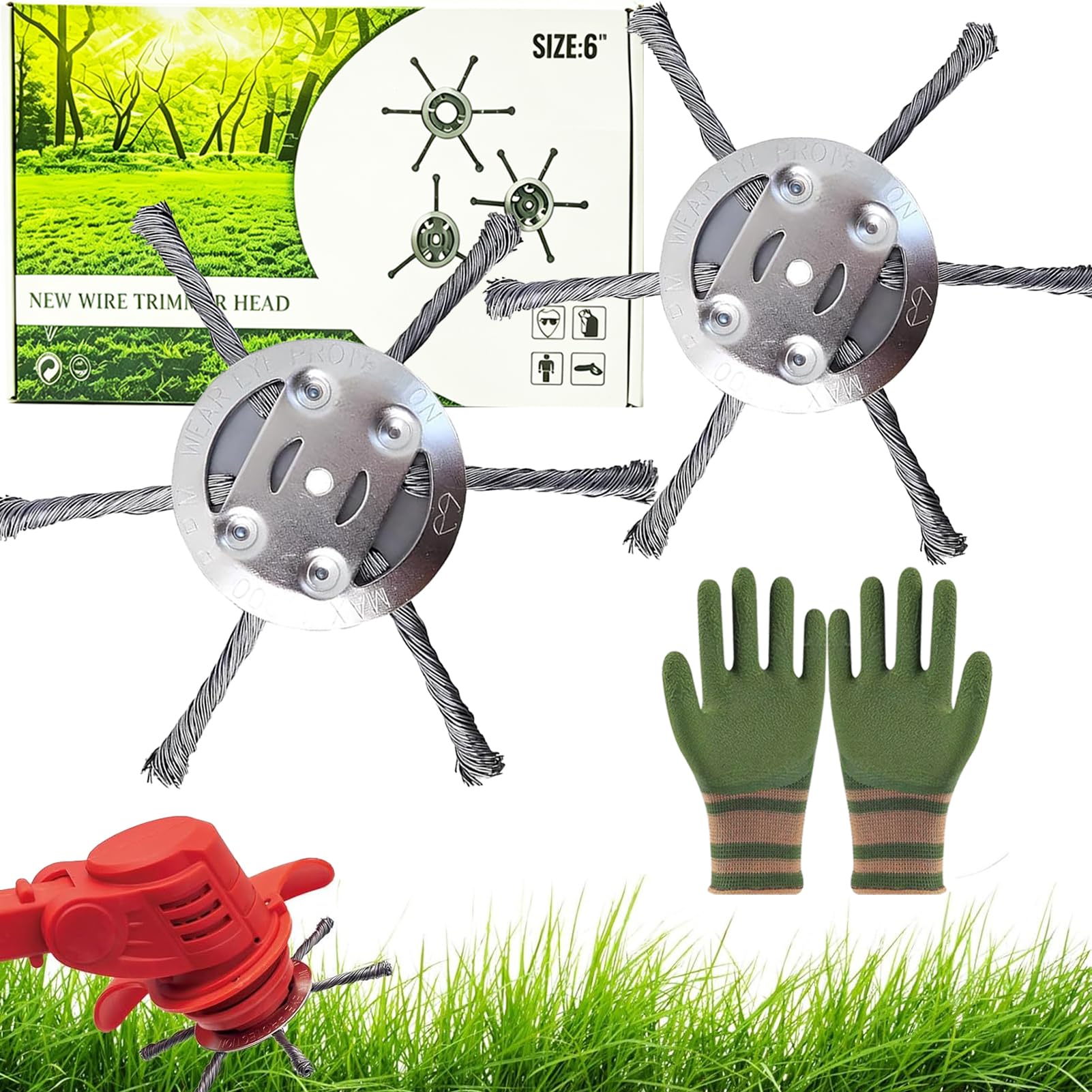 MUVZKQIAN 2 Pcs Steel Wire Grass Trimmer Head - 6 Head Grass Strimmer Cutter Head Strimmer Attachments for Lawn Rotating Replacement Tool Garden Moss Rust Weed Removal