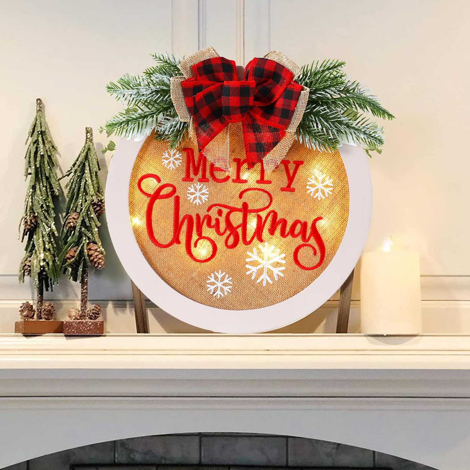 HOMCDALY Letrero de bienvenida de Feliz Navidad para puerta delantera, corona de Navidad de invierno con luz, decoración de puerta de granja, letrero colgante de madera, decoración de Navidad