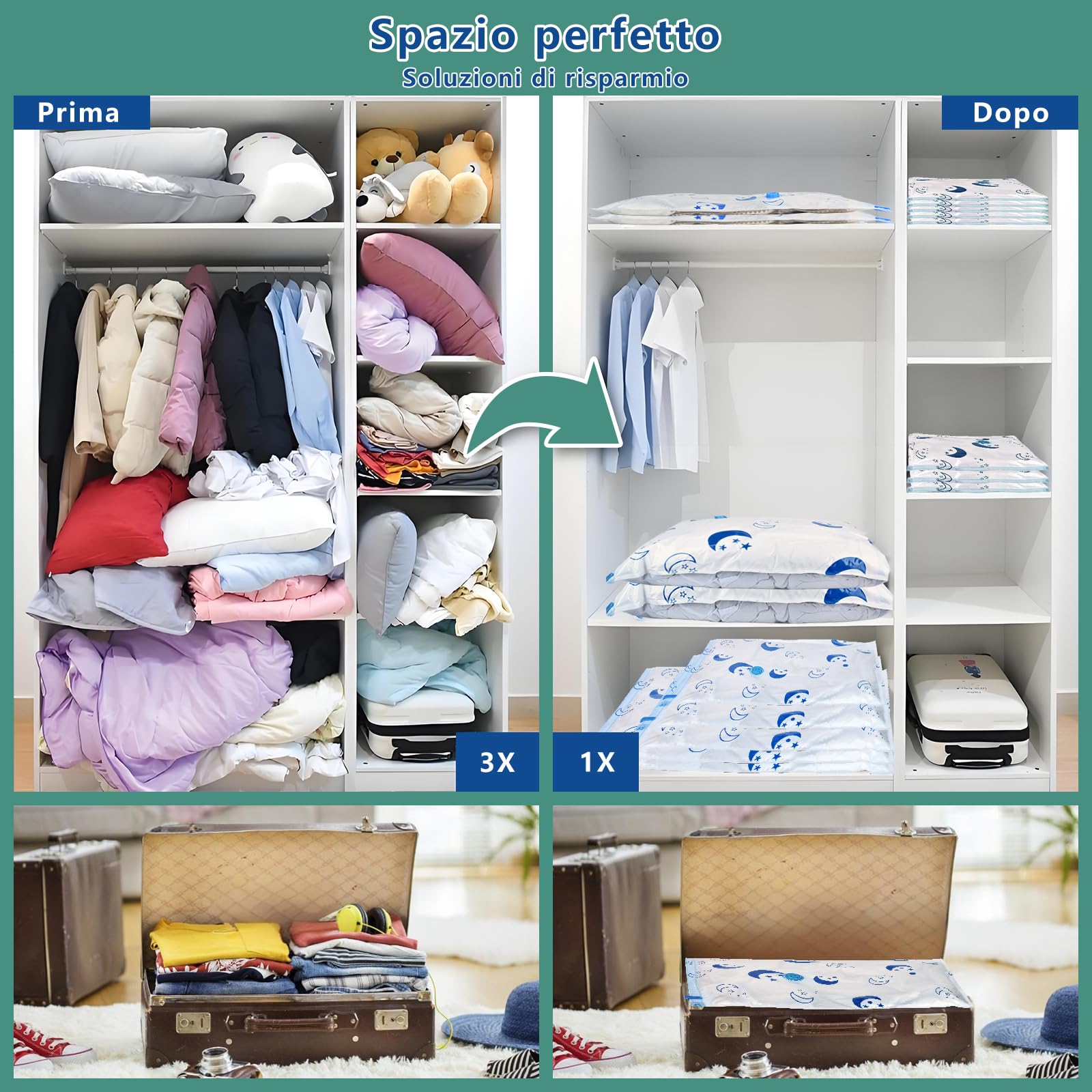 SZO Sacchetti sottovuoto per piumoni con pompa elettrica 16 pezzi (4 Jumbo, 4 Grandi, 4 Medi, 4 Piccoli) Viaggio Sgonfiaggio rapido Salvaspazio per piumoni vestiti cuscini biancheria da letto