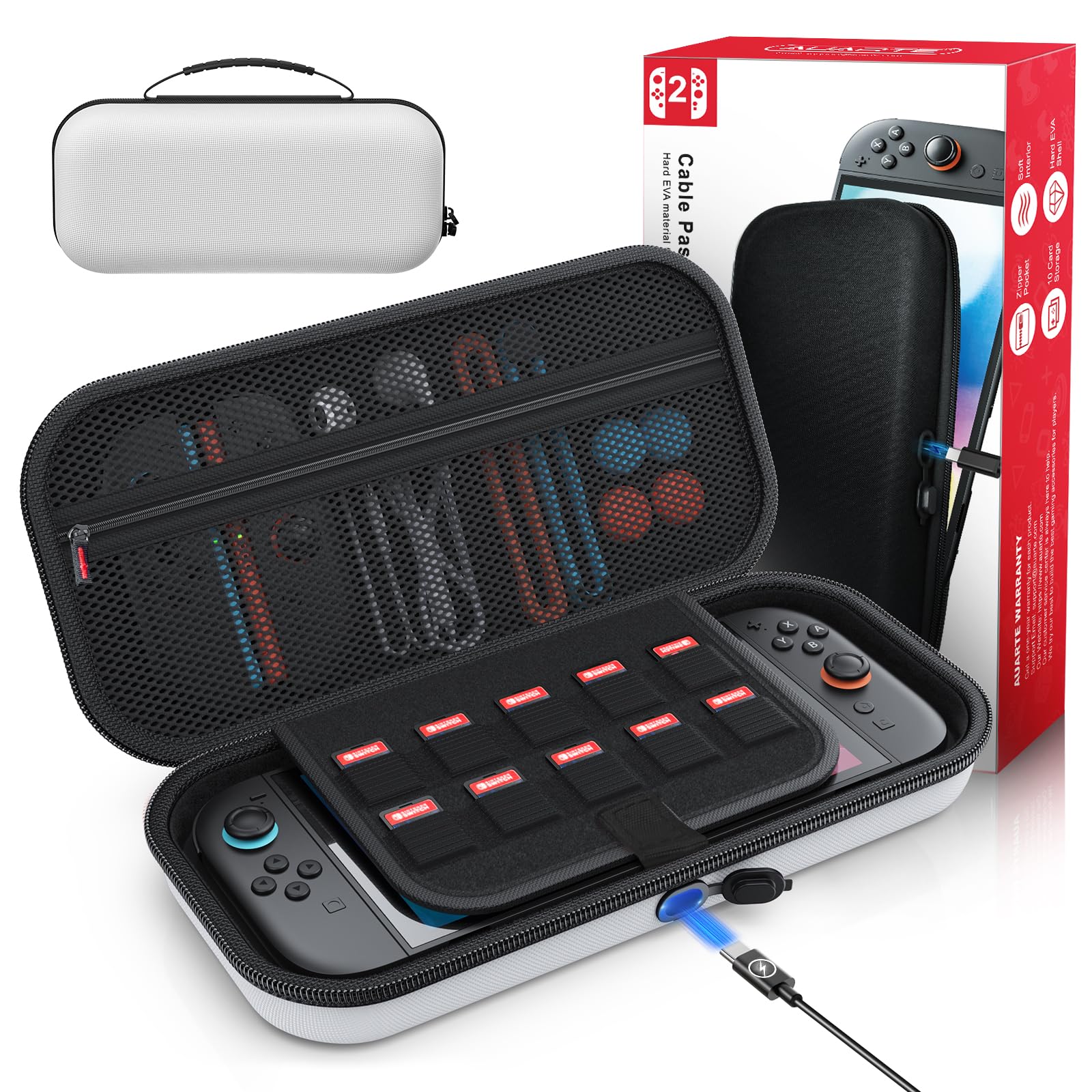 [Ladung Innen] Tragetasche für Nintendo Switch 2 (2025)/ Alle Switch 1 Konsole, Harte Tragbare Eva Reise-Tasche für Nintendo Switch Zubehör Skins und 10 Spielkarten, Weiß (Kabel Nicht Enthalten)
