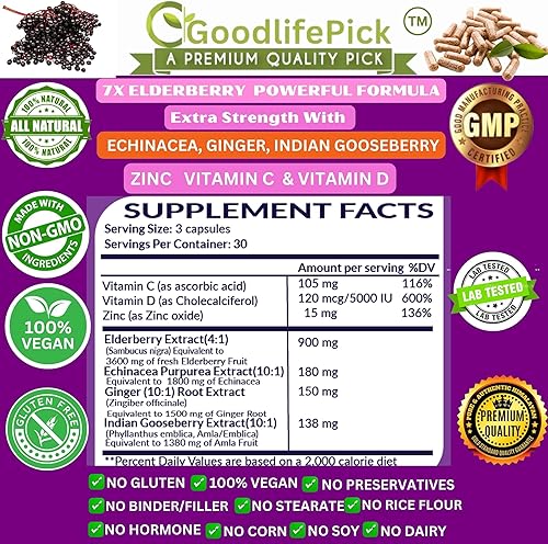 Miniatura 9 de Baya de saúco 7 en 1 con zinc, vitamina C, vitamina D, equinácea, jengibre y grosella espinosa india (Amla). Cápsulas de saúco prémium de 90