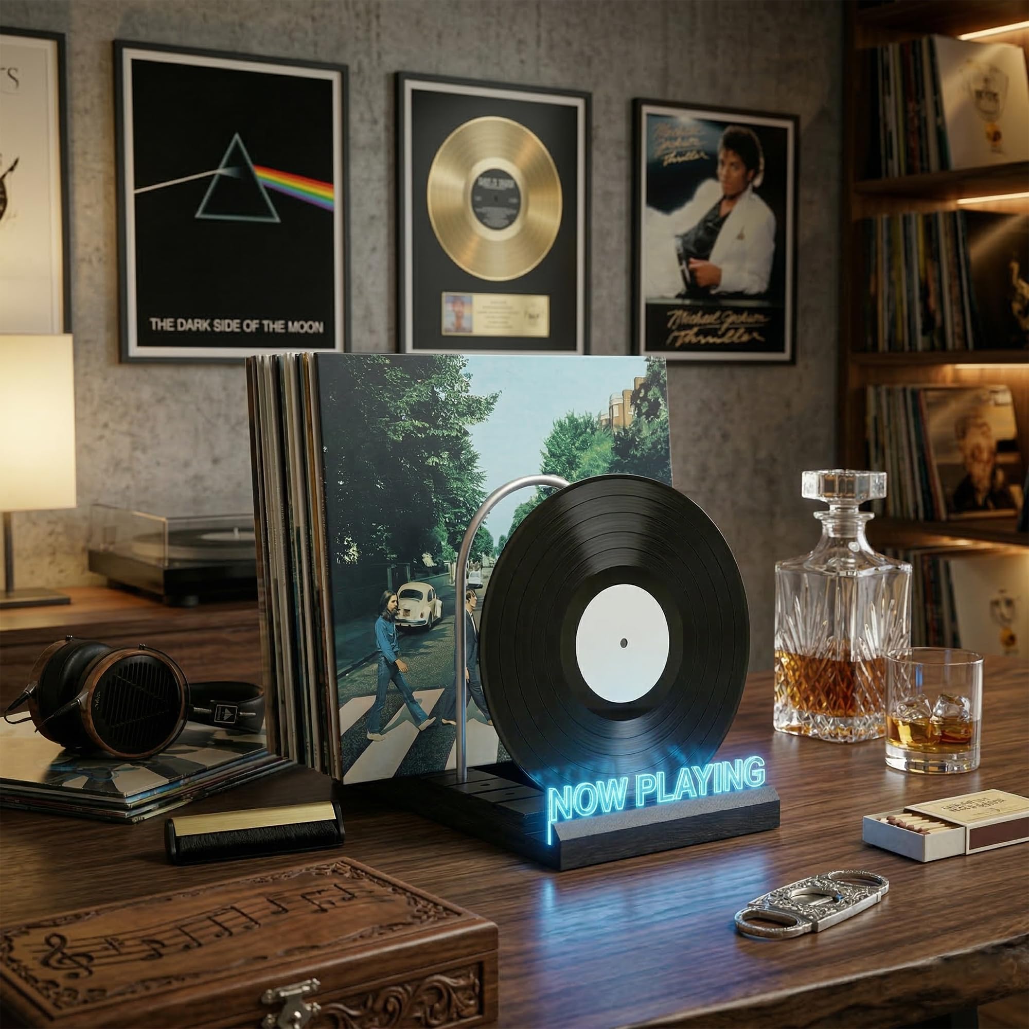 Contenitore per dischi in vinile per 60 LP, si illumina ora giocando supporto per dischi in vinile, design ispirato al vinile con luci LED a 7 colori, display per dischi in vinile, regali musicali per