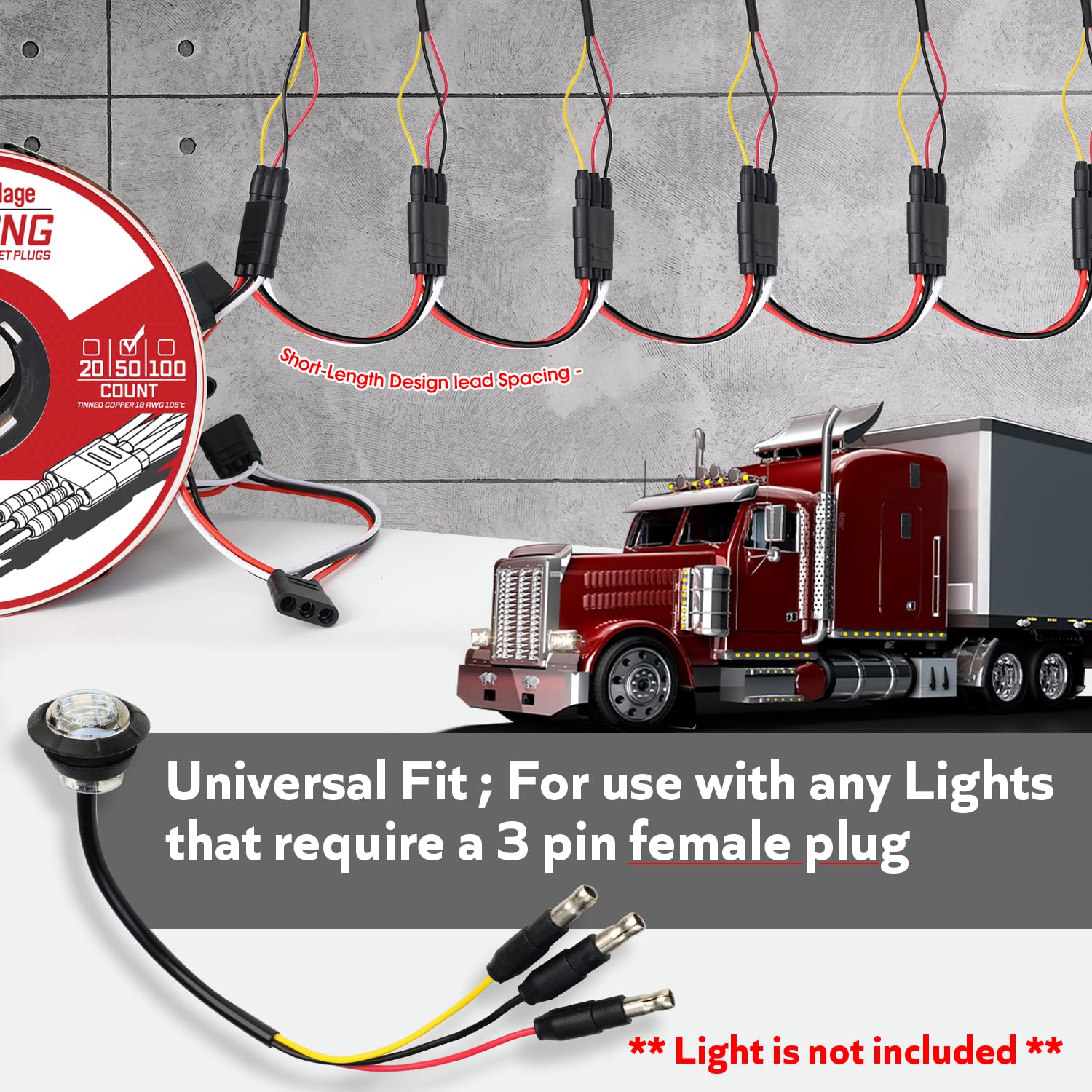 50 Counts of 3 Prong Female Bullet Plug Wiring Harness Continuous Wire Harness Roll (4" Lead Spacing Between Plugs) 3 Prong Socket Plug