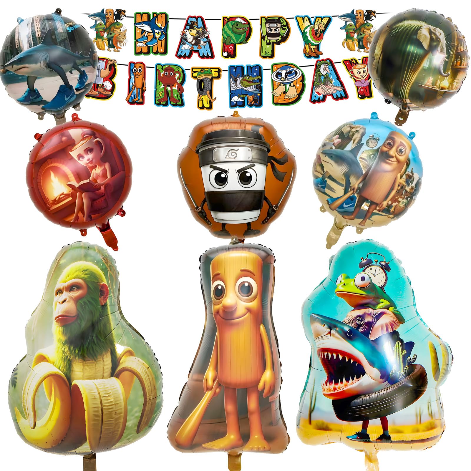 Tung Tung Tung Sahur Birthday Decorations, Brain-rot Foil Balloons,Birthday Party Decorations Cartoon Anime Theme Happy Birthday Banner Foil balloons for Girls Boys