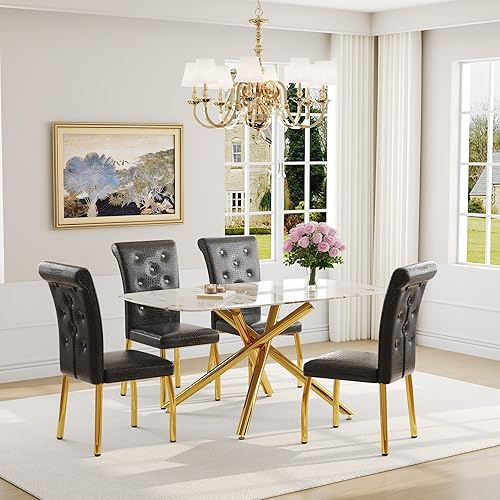 Miniatura 36 de Juego de mesa de comedor moderno de 63 pulgadas para 6 personas, juego de 6 mesas de comedor de cristal con patas de metal plateado, mesa de cocina