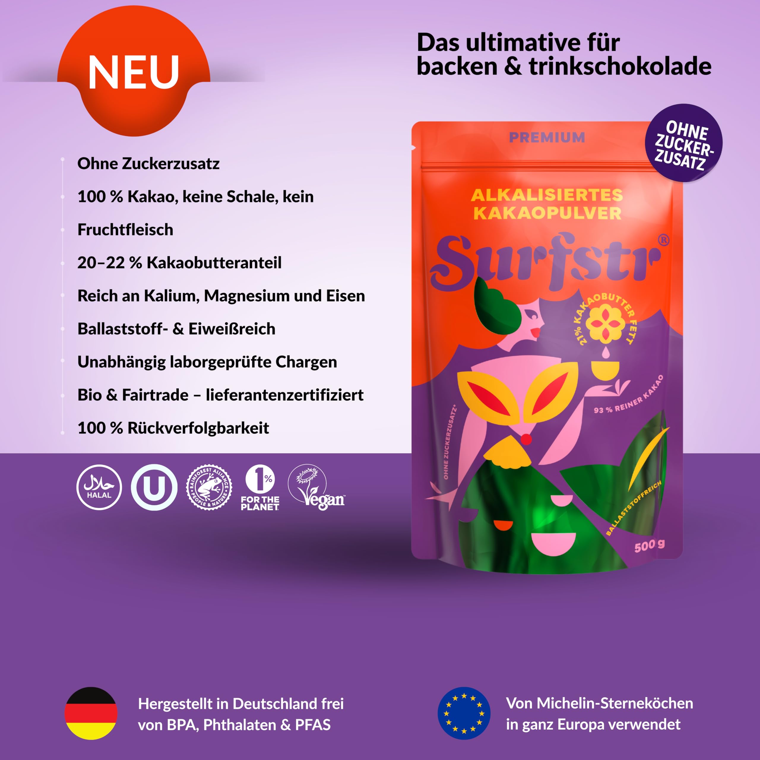 Premium Kakaopulver ohne Zucker 500g – Intensiver Geschmack, perfekt löslich – Vegan & ohne Zuckerzusatz – Alkalisiertes Kakaopulver (21% Kakaobutter), schwach entölt