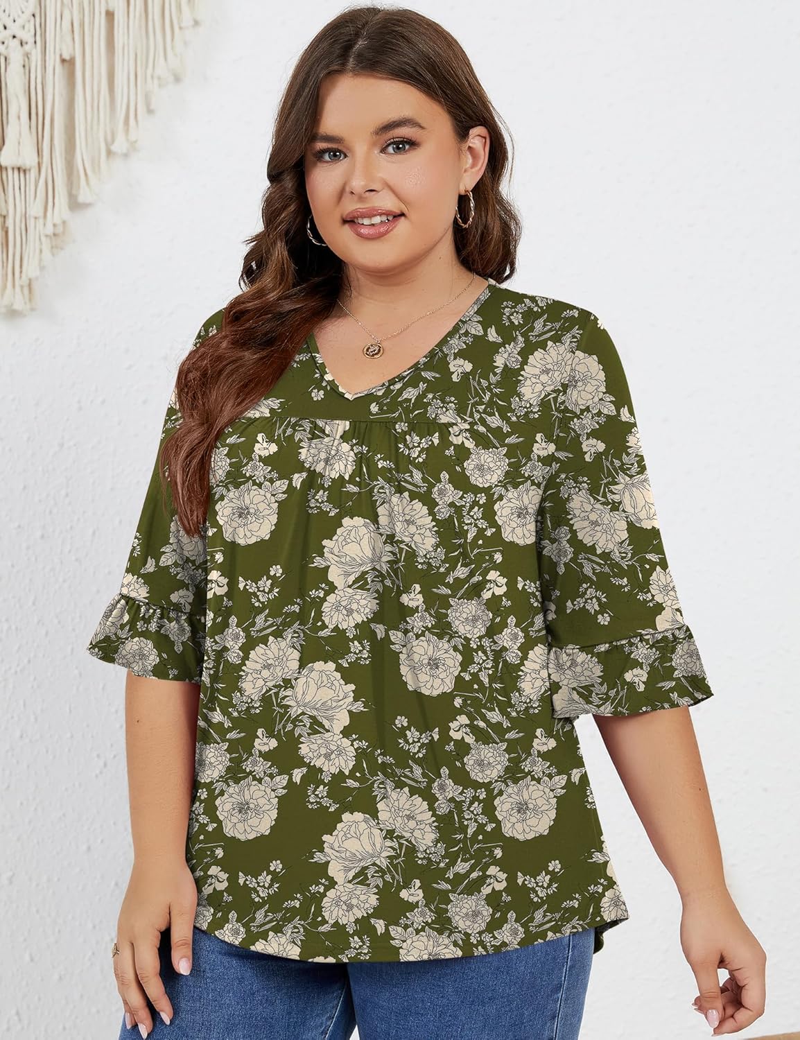 Micoson Womens Plus Size Tops 3/4 Ruffle Sleeve Shirt Casual V Neck Pleated T Shirt Loose Fit Tunic Blouse(1X-5X) - Image 3