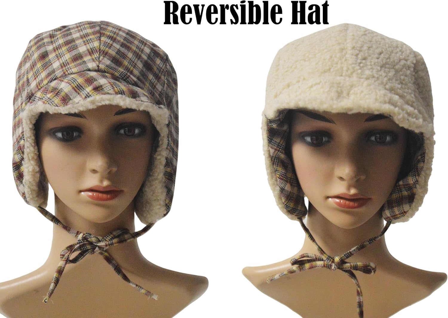 Reversible Winter Hat with Ear Flaps for Men Women Adult,Ladies Plaid Hat,Lamb Wool Lining Beanie Not for Kids - Image 4