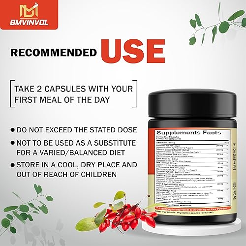 Miniatura 4 de 100 cápsulas  Suplemento de berberina de 20000 mg con canela de Ceilán, cúrcuma, melón amargo, cardo mariano y más  Cápsulas de berberina 34 en 1