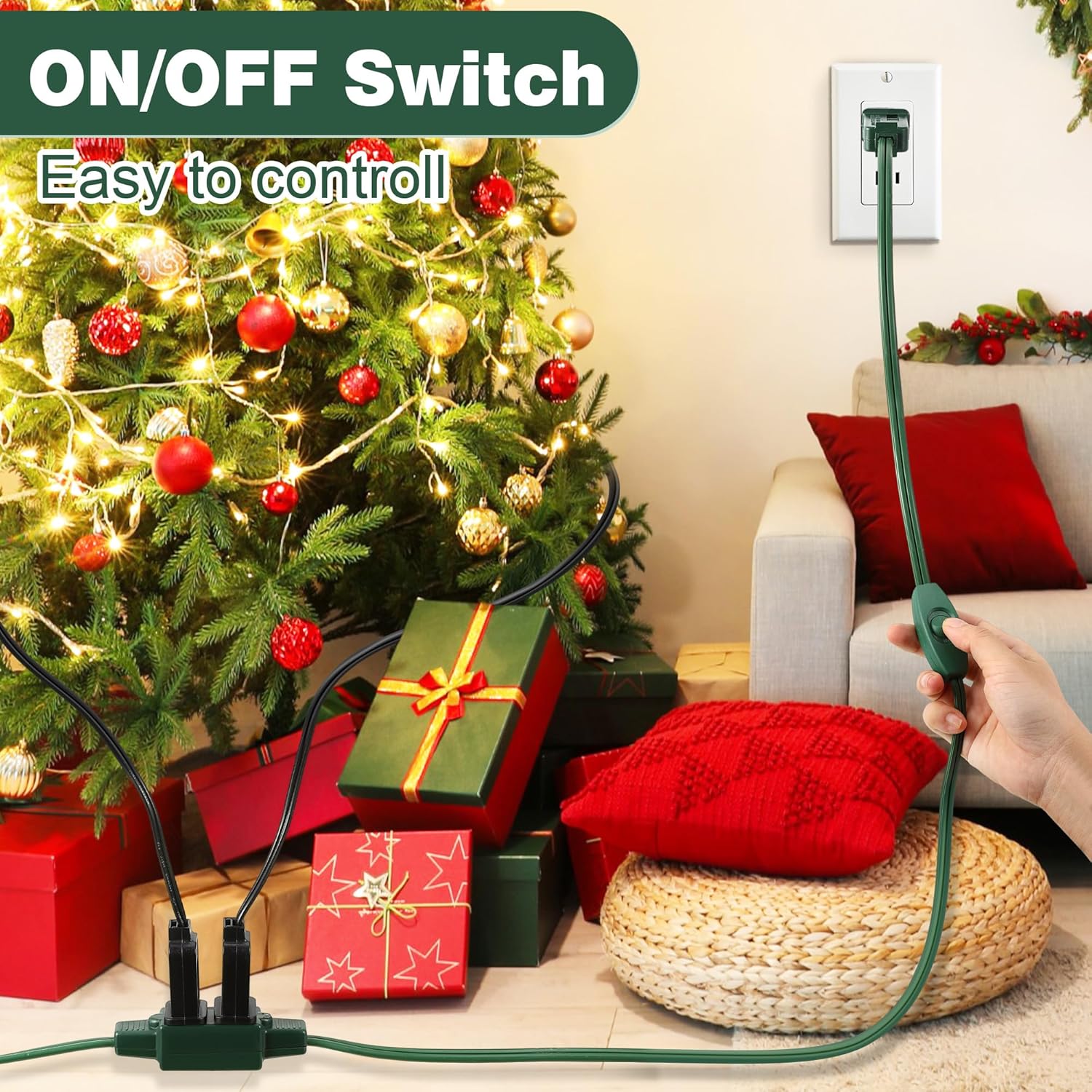 Enhon 1 Pack 15 Ft Extension Cord with 9 Outlets and On/Off Switch, Christmas Tree Light Extension Cord with Safety Fuse Male Plug for Christmas Or Holiday Lights, Xmas Village Lights (Green)