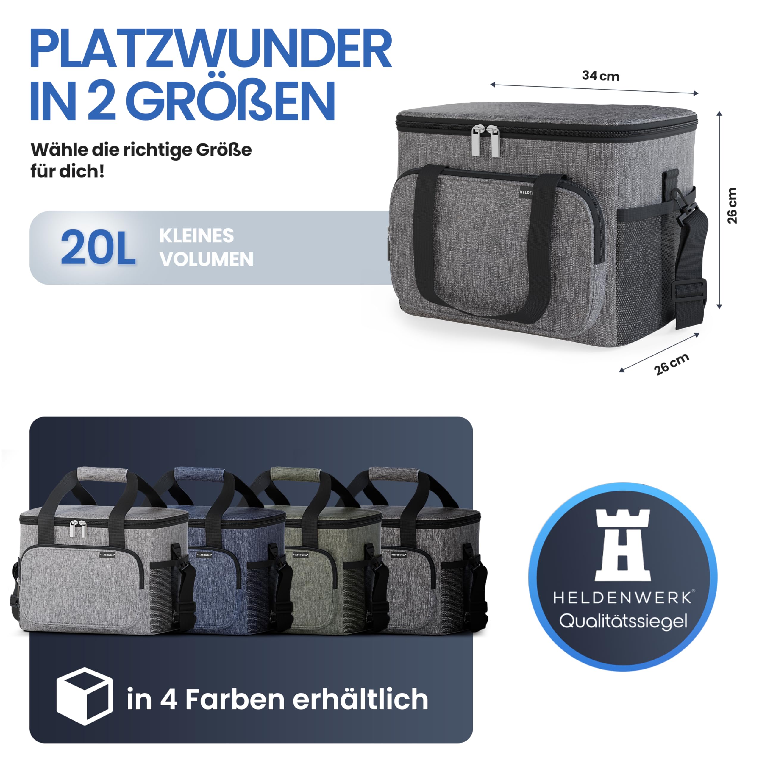 HELDENWERK® Kühltasche groß faltbar – 12h Kühlleistung – Thermotasche auslaufsicher & wasserdicht – Kühlbox, Picknicktasche, Lunchtasche, Isoliertasche mit 6 Fächern & verstärktem Boden