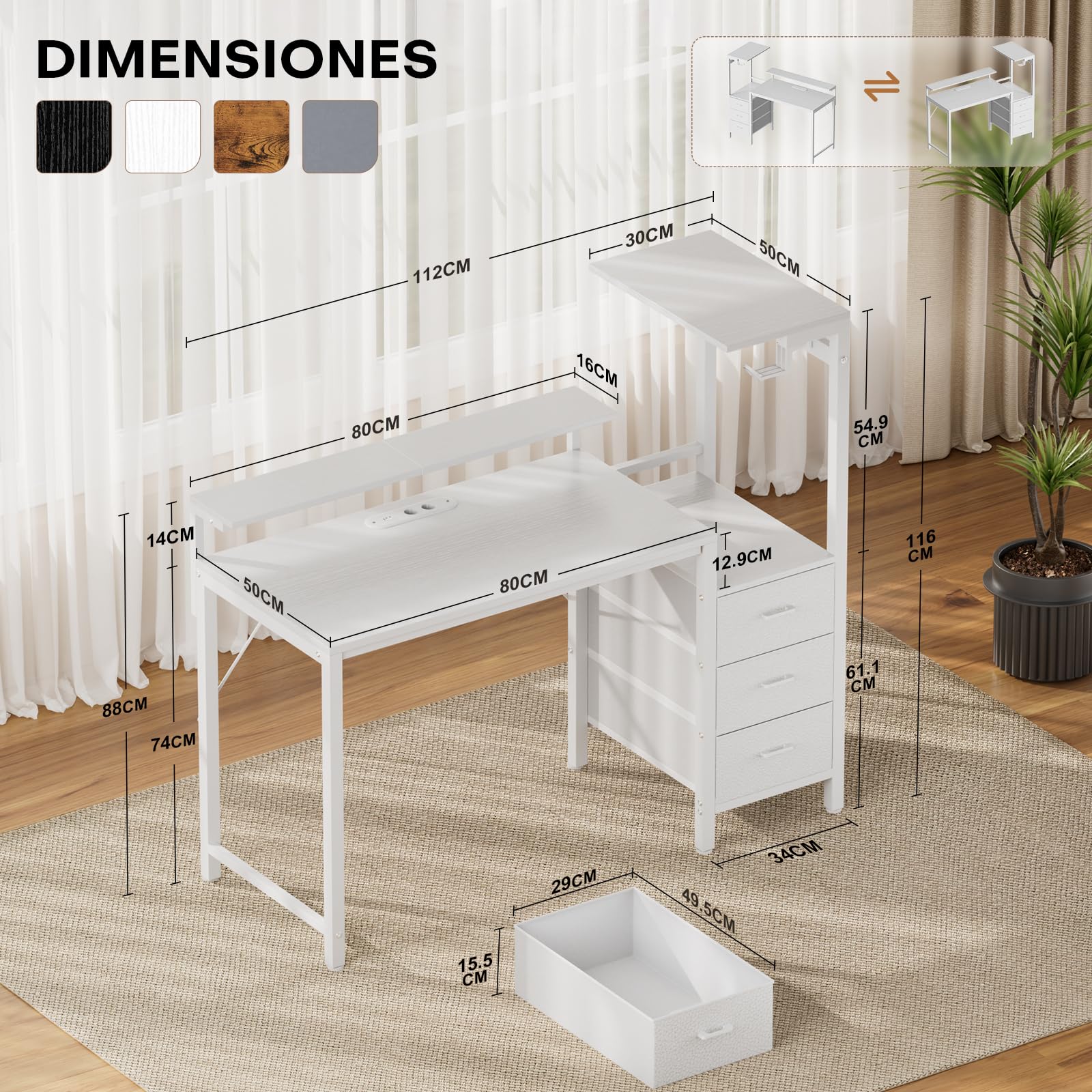 SOLAVERO Escritorio Gaming con LED y Enchufe Integrado, 112cm Mesa Gaming Reversible con Estanteria & Cajones de Tela, Mesa Ordenador con Soporte para Monitor y Gancho para Auriculares, Blanco
