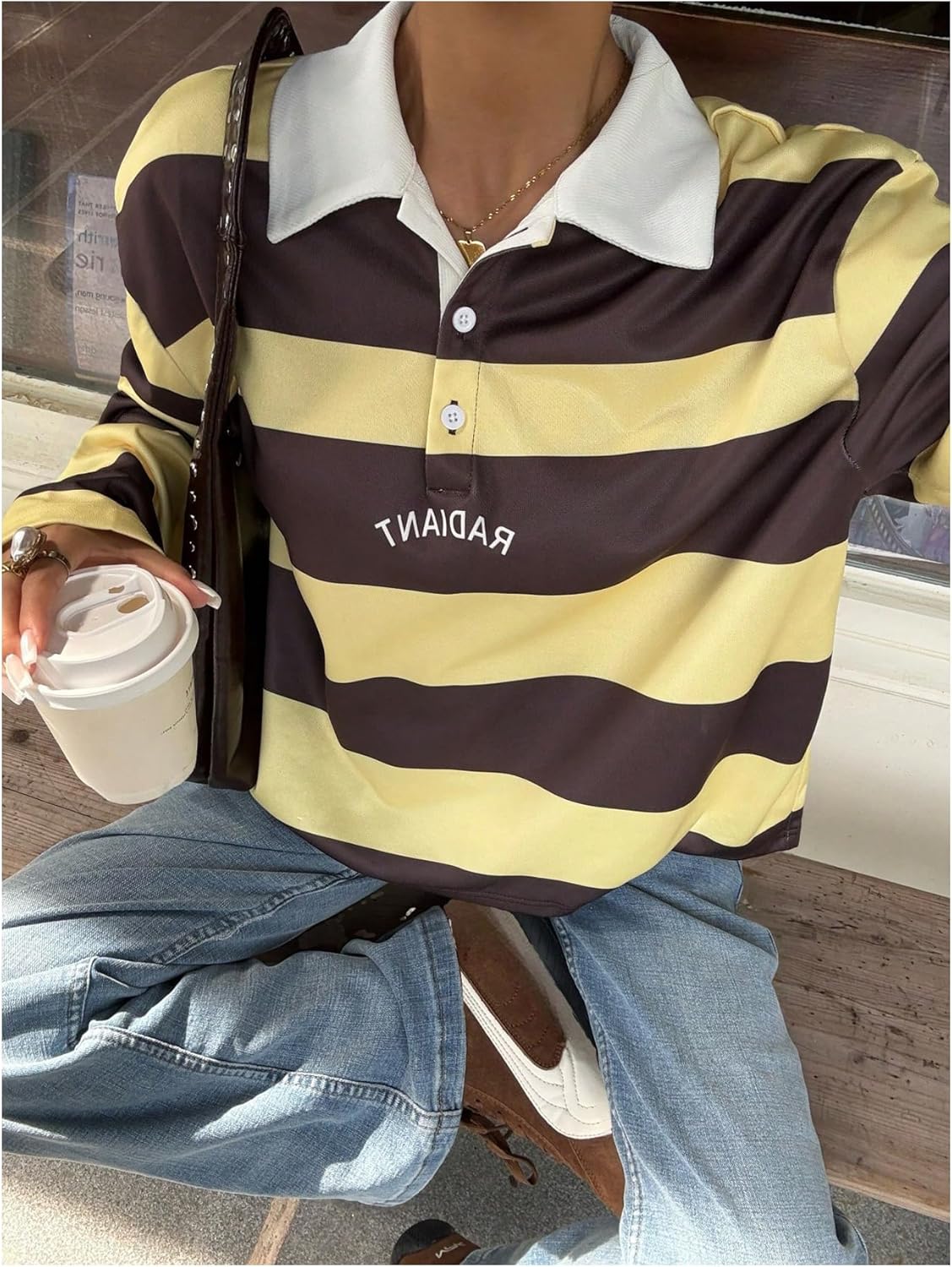 SweatyRocks Women's Striped Button Up Shirts Long Sleeve Color Block Collared Tees Streetwear Rugby Loose Tops - Image 5