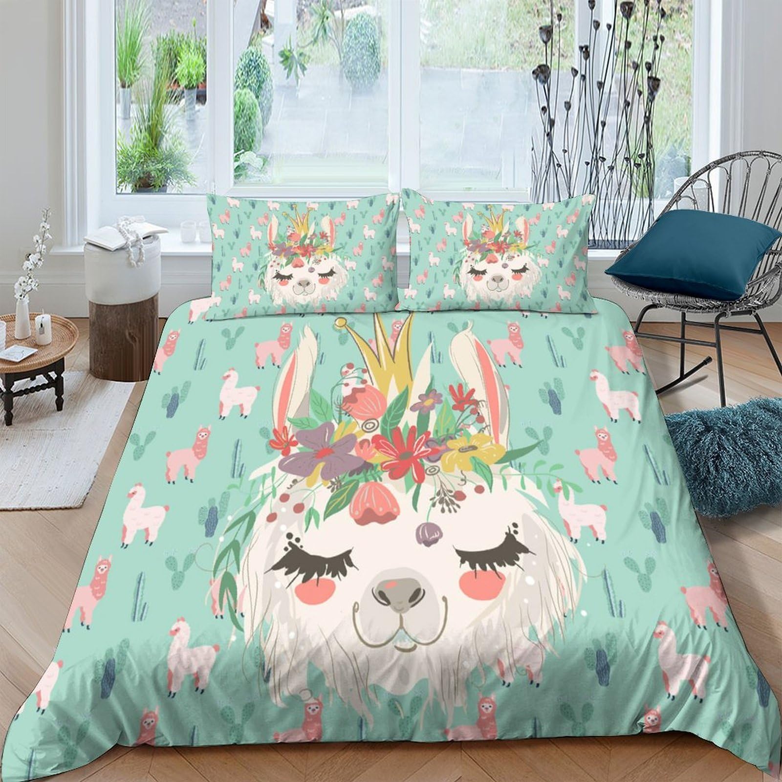 GPLZQXKJNH 3D Printed Floral Llama Duvet Cover Set Microfiber Soft Breathable Pastel Animal Bedding with 2 Pillowcases for Bedroom Single（135x200cm）
