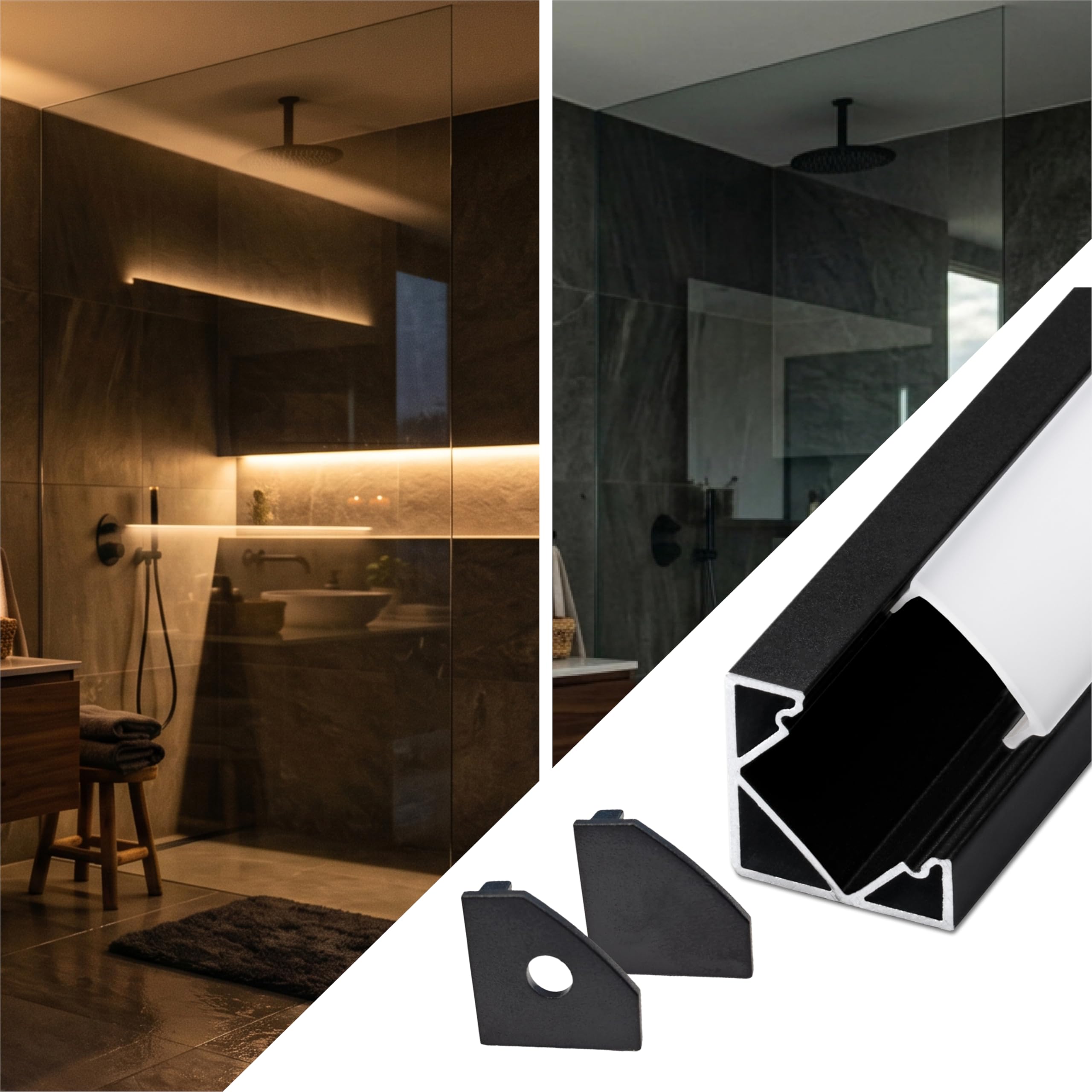 LED-Eckprofil 90° [2m] inkl. Abdeckung (diffus) - LED-Profil für Unterbau-, Treppen- & Deckenbeleuchtung an Küche, Möbeln & Regalen (schwarz,mit 2 Endkappen)
