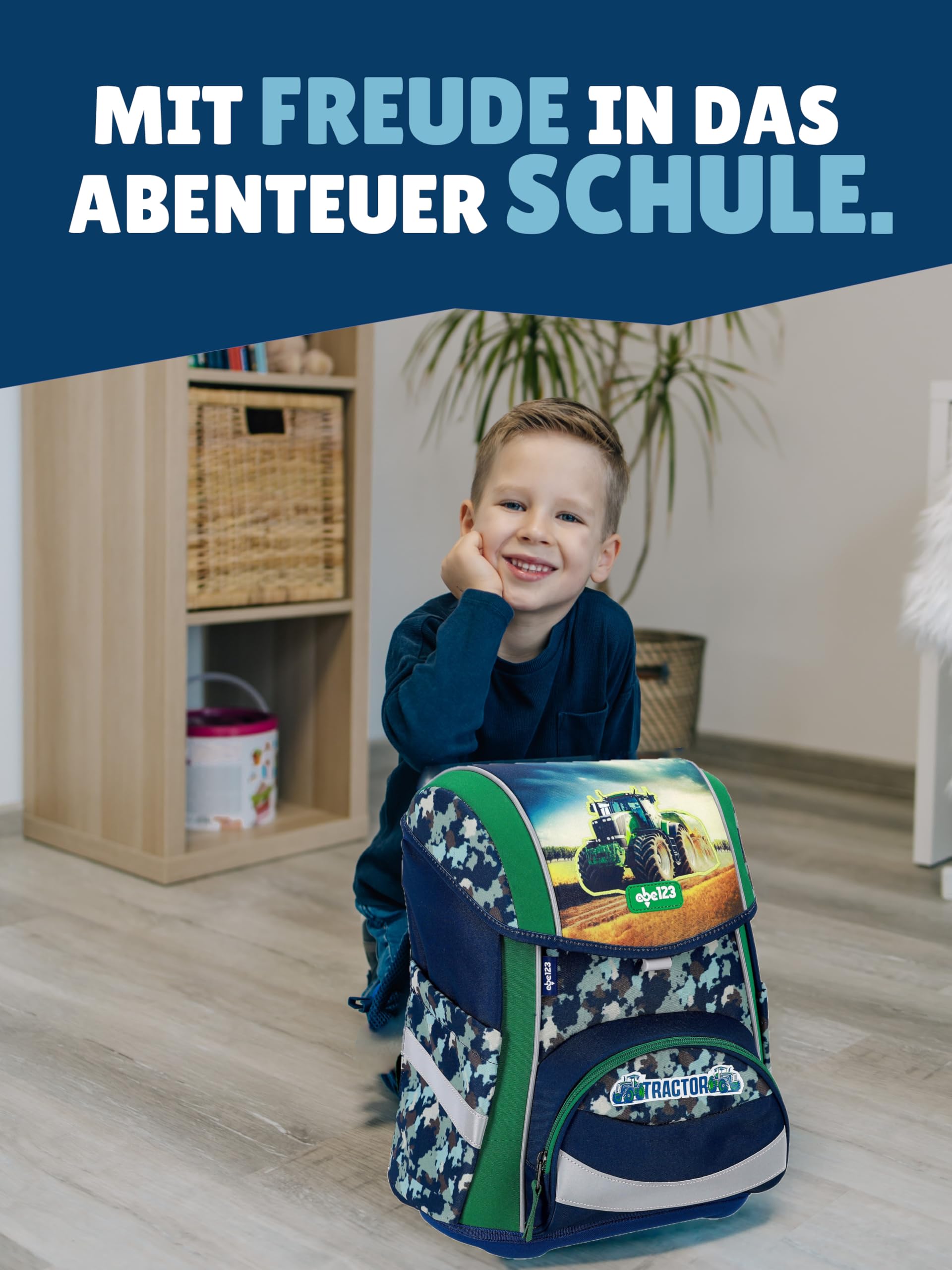 Familando - Ergo Premium Schulranzen Set - 5-teilig mit Federmappe - Traktor Blau Grün - Ergonomisch, stabil & mit verstellbarem Rückenpolster - 1000g - 20L Volumen - Mit Reflektoren - ab 1. Klasse