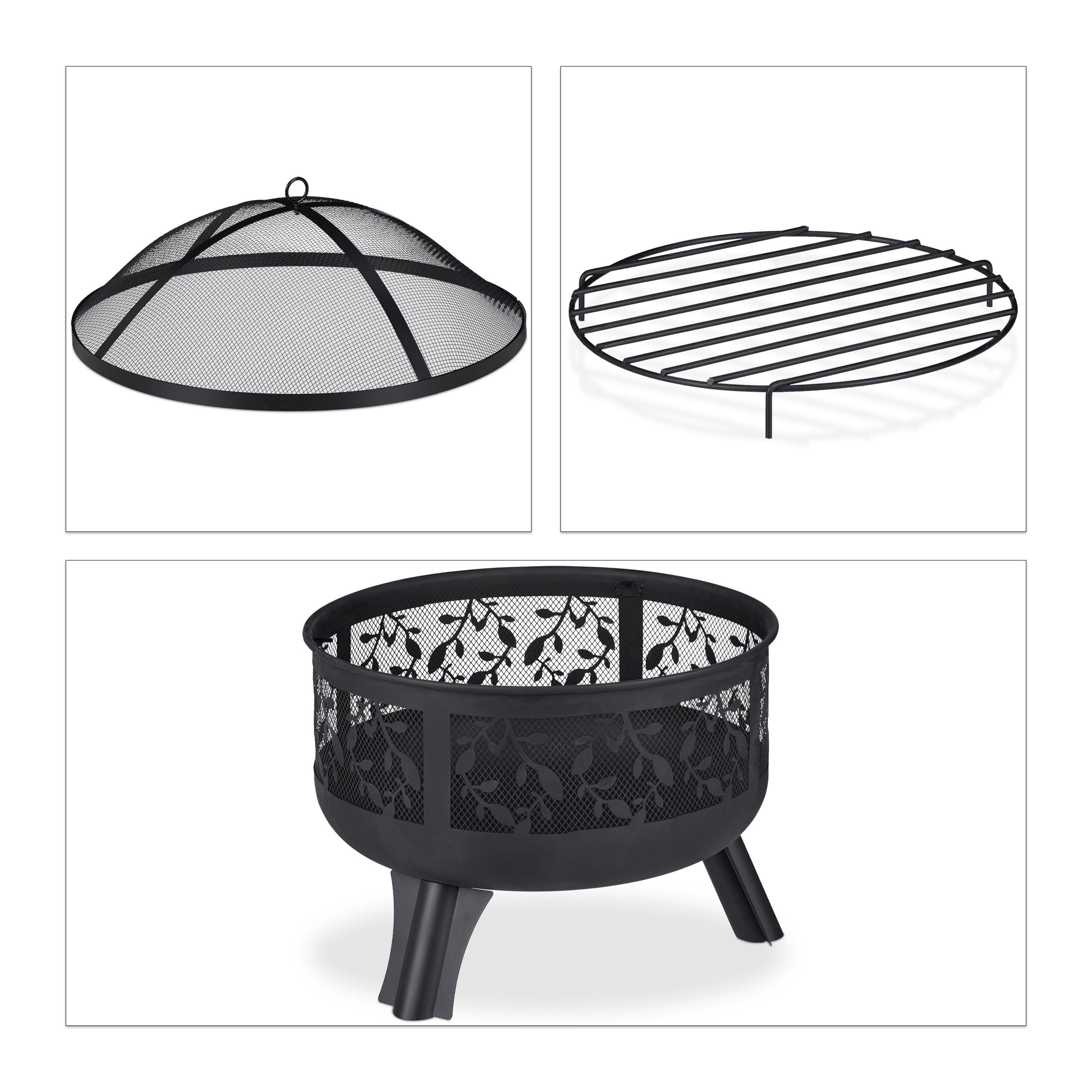 Relaxdays Braciere con Protezione per Scintille, Giardino & Terrazza, con Attizzatoio, Esterno, Outdoor, HxD 60x60, Nero