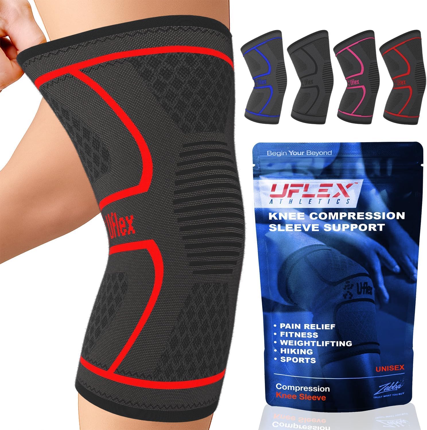 UFlex Athletics Knee Compression Sleeve Support for Women and Men - Knee Brace for Pain Relief, Fitness, Weightlifting, Hiking, Sports - Red, Medium (Pack of 1)