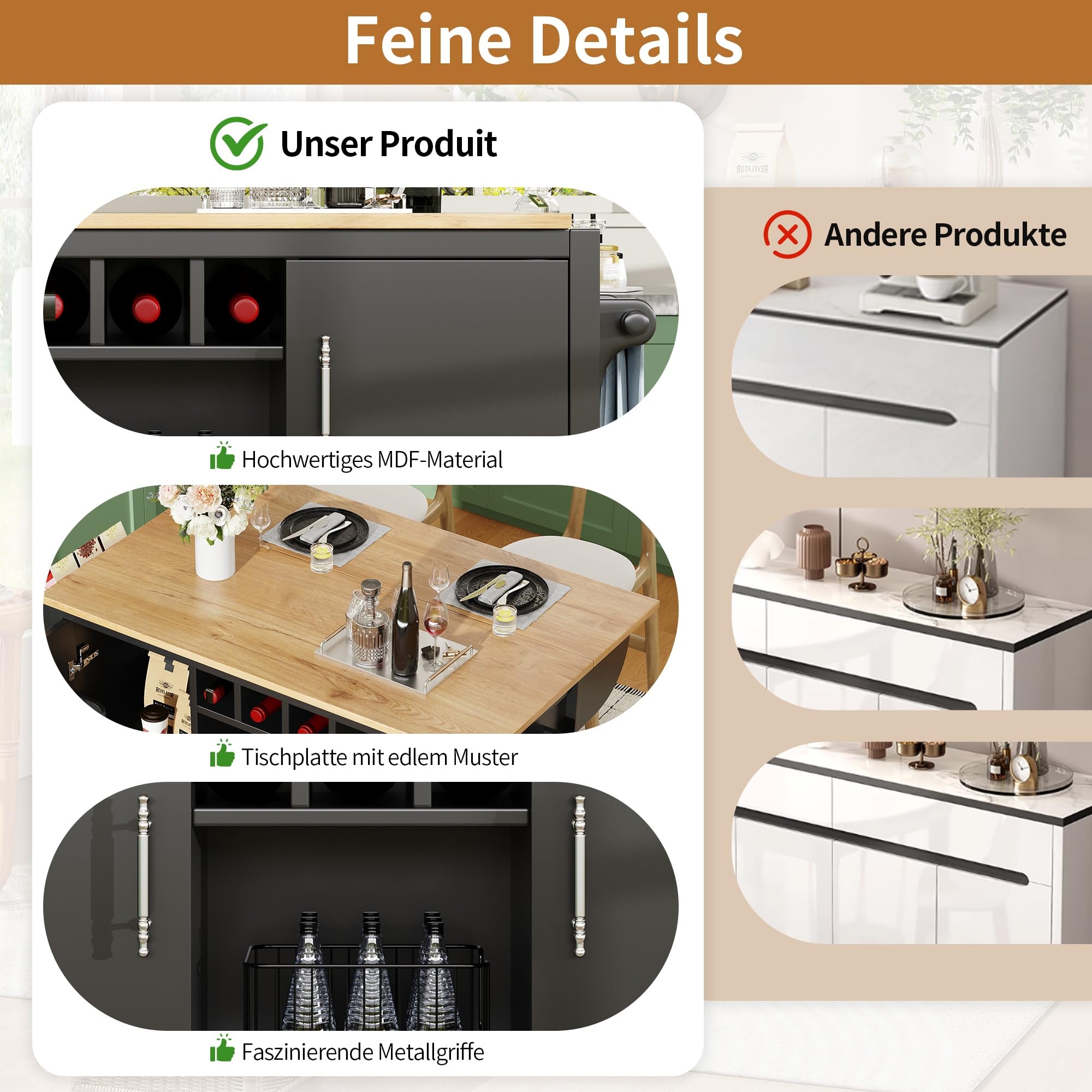 Elegante armadietto da cucina a buffet nero, 120 x 73 x 92 cm, versatile con piano di lavoro pieghevole, portabottiglie e organizer per spezie, ripiani regolabili e porta per un'efficienza ottimale