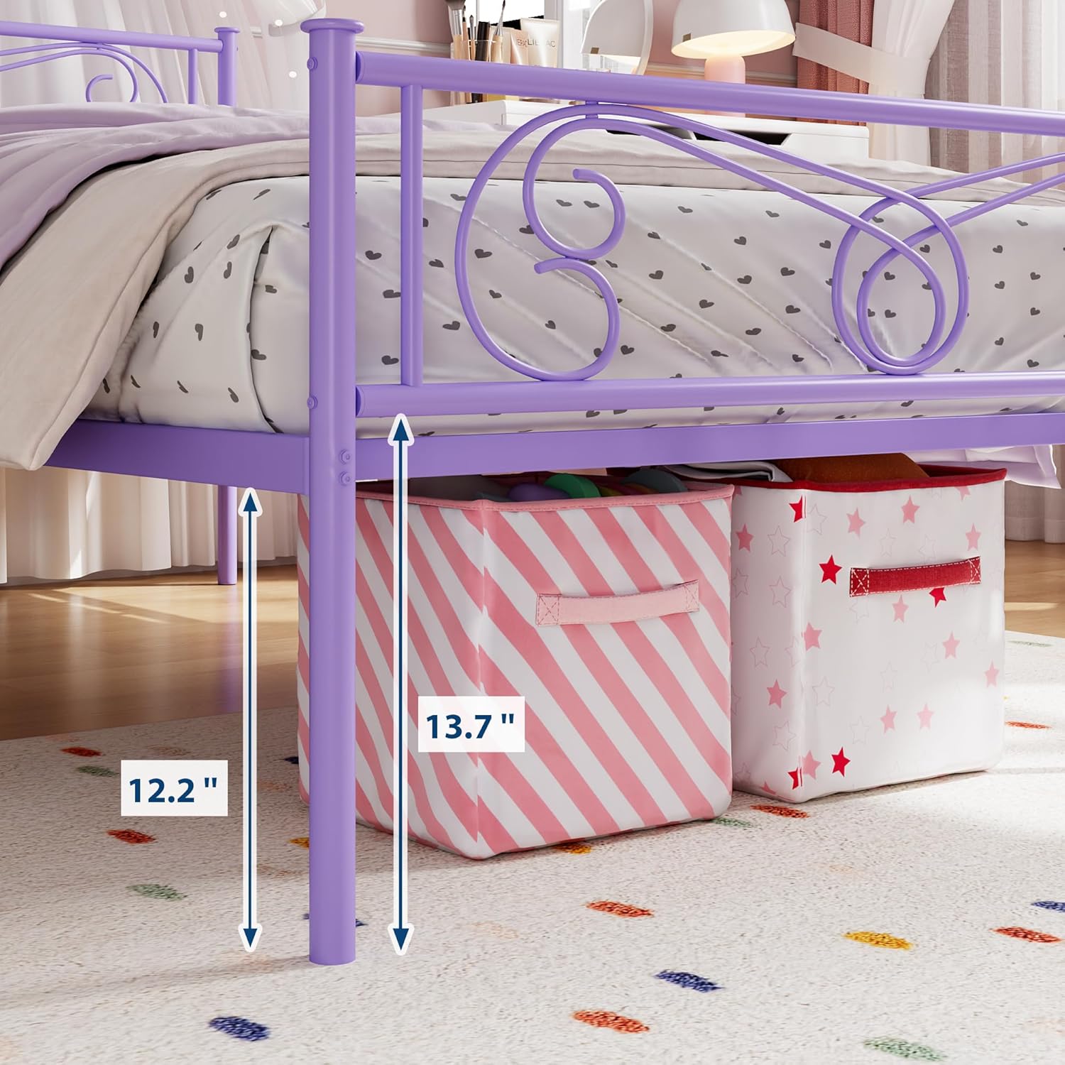 GarveeHome Twin Size Bed Frames with Headboard and Footboard, Twin Metal Bed Frame for Kids, 12.2 in Under Bed Storage, Steel Slats Support, No Box Spring Needed, Purple