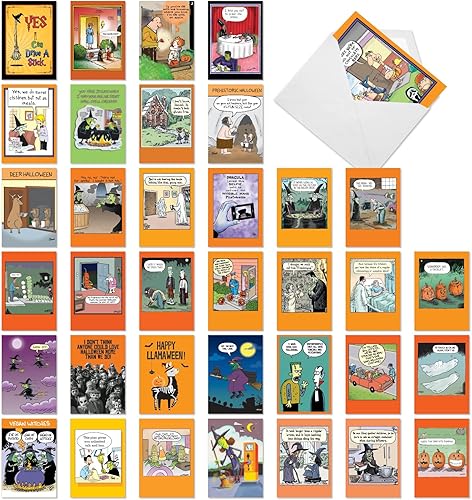NobleWorks Juego de 36 tarjetas de felicitación histéricas de Halloween con sobres de 5 x 7 pulgadas (36 diseños, 1 cada uno) Joke O'Lanterns