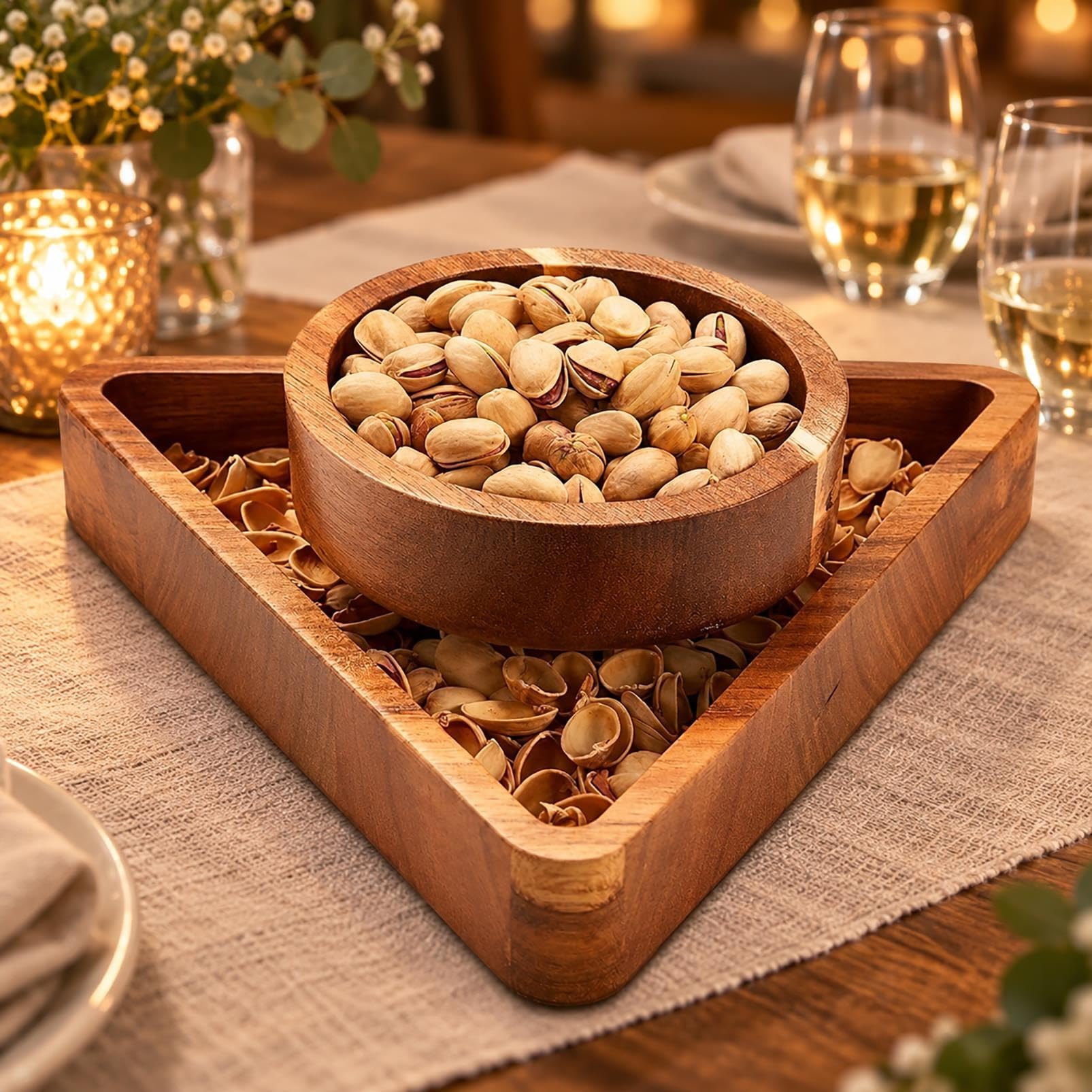 Bandeja Nueces Madera, Bandeja Snack con Compartimento Separado