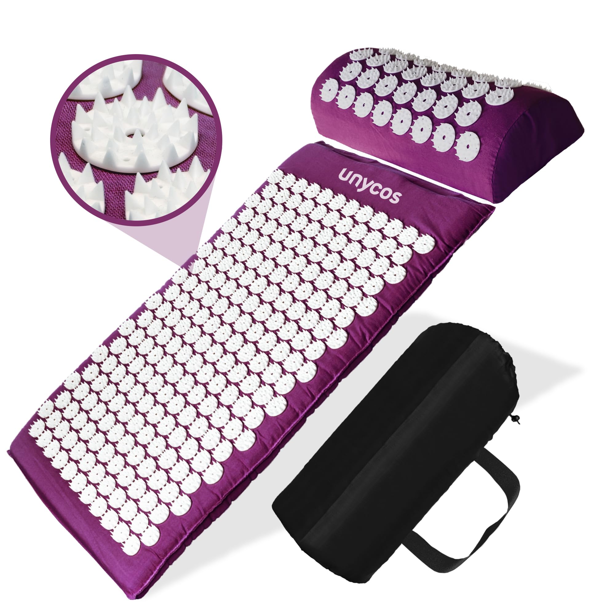 unycos - Set de Acupresión - Esterilla, Cojín con Púas y Bolsa de Transporte - Tapete de Masaje con 230 Pines de 27 Puntas para Alivio del Dolor, Relajación Muscular, Rehabilitación (Negro)