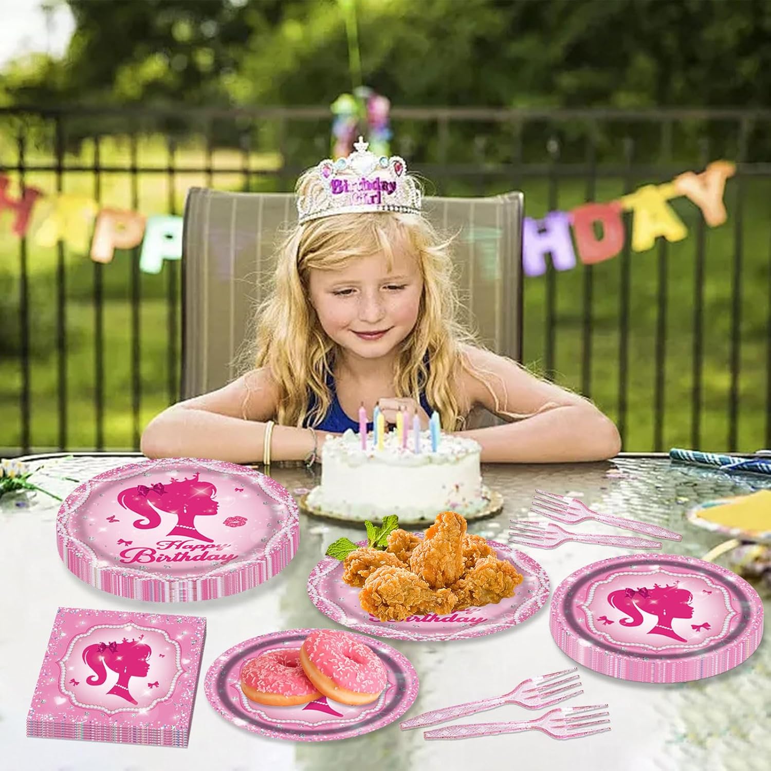 96PCS Pink Girl Plates and Napkins Tableware Set Pink Girl Party Supplies Pink Girl Birthday Party Decorations Pink Princess Theme Party Dinnerware Set Pink Girl Paper Plates Napkins Forks Serve 24 - Image 4