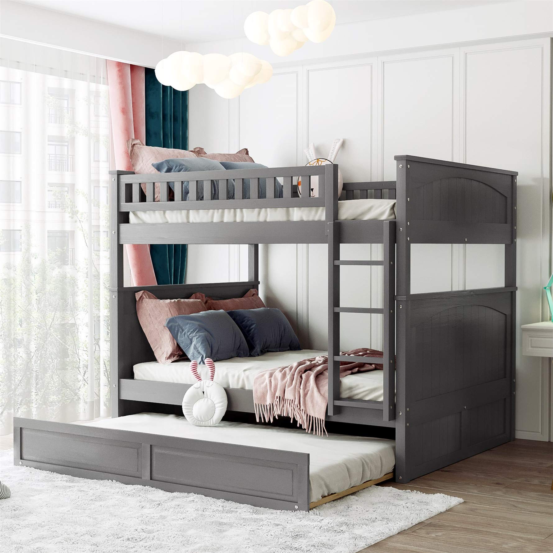 Harper & Bright Designs Full Over Full Bunk Bed with Trundle, Bunk Beds Full Over Full with Safety Rail & Ladder, Detachable Wood Full Bunk Bed Frame for Kids Girls Teens Adults ?Brushed Gray