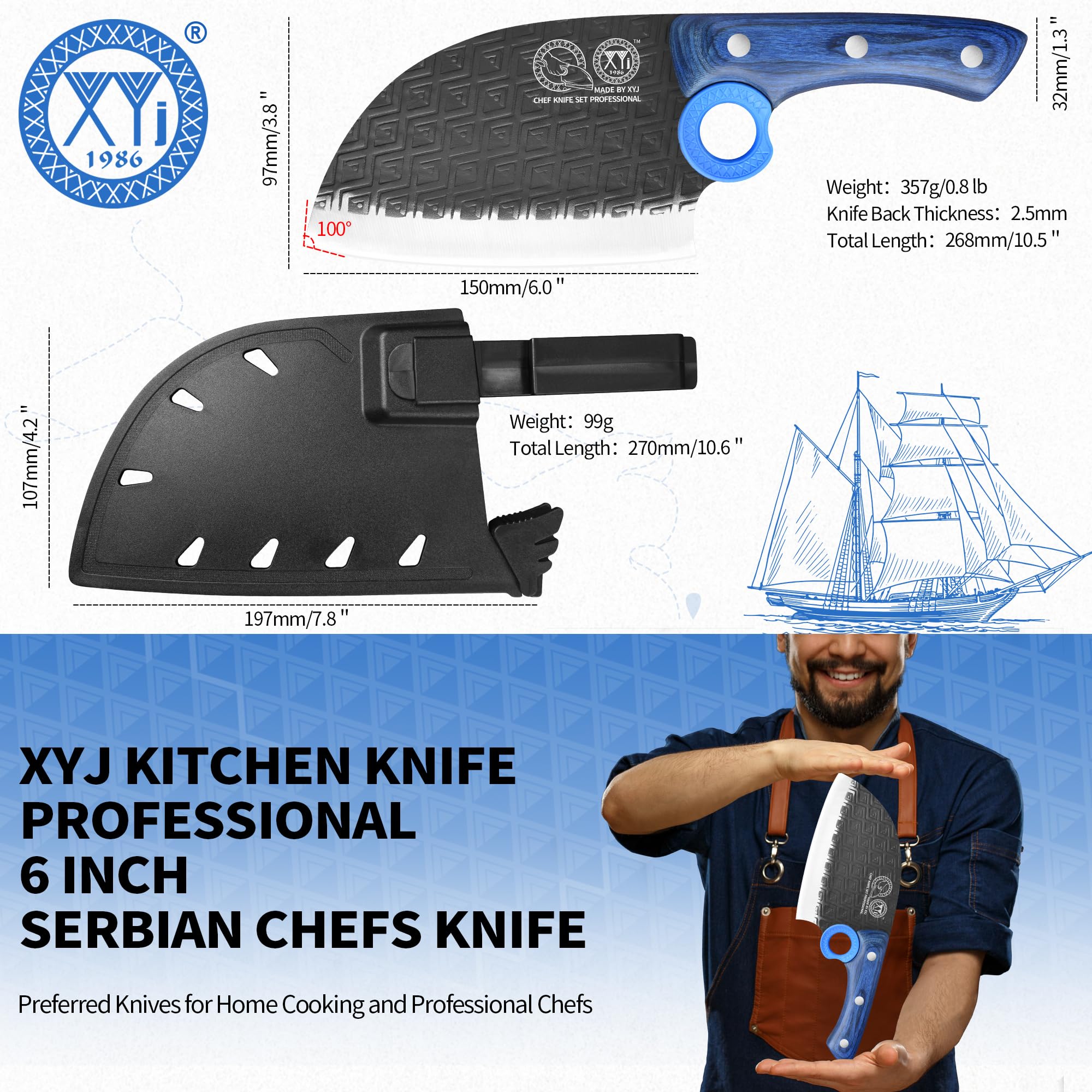 XYJ Autentico dal 1986, coltello da macellaio serbo con fodero, coltello da chef con verdure, manico in legno con fodero, per il campeggio all'aperto