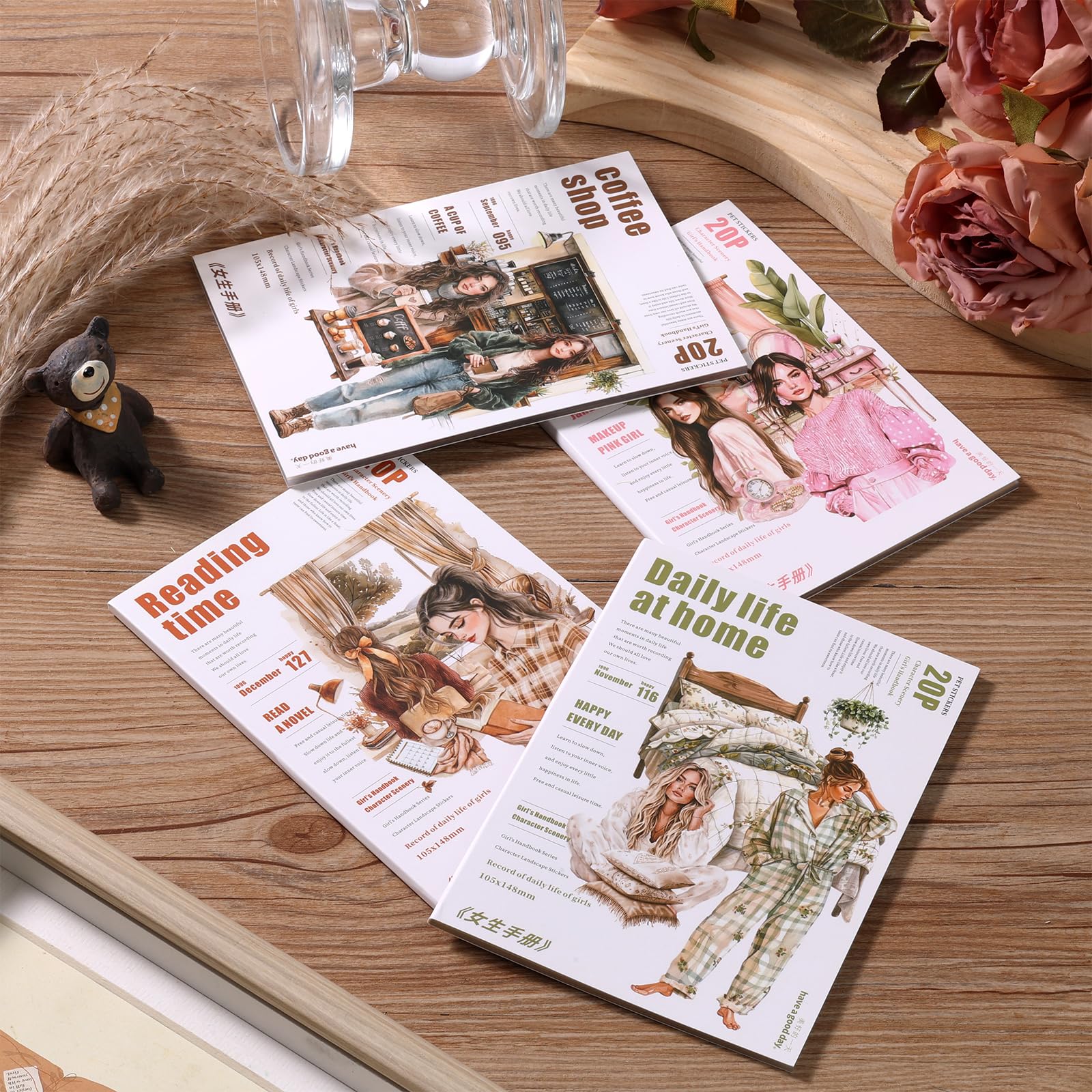 4 Bücher für Mädchen Journaling People Aufkleber für Scrapbooking 480 vorgeschnittene Haustier transparente Aufkleber für Journaling Scrapbooking Supplies