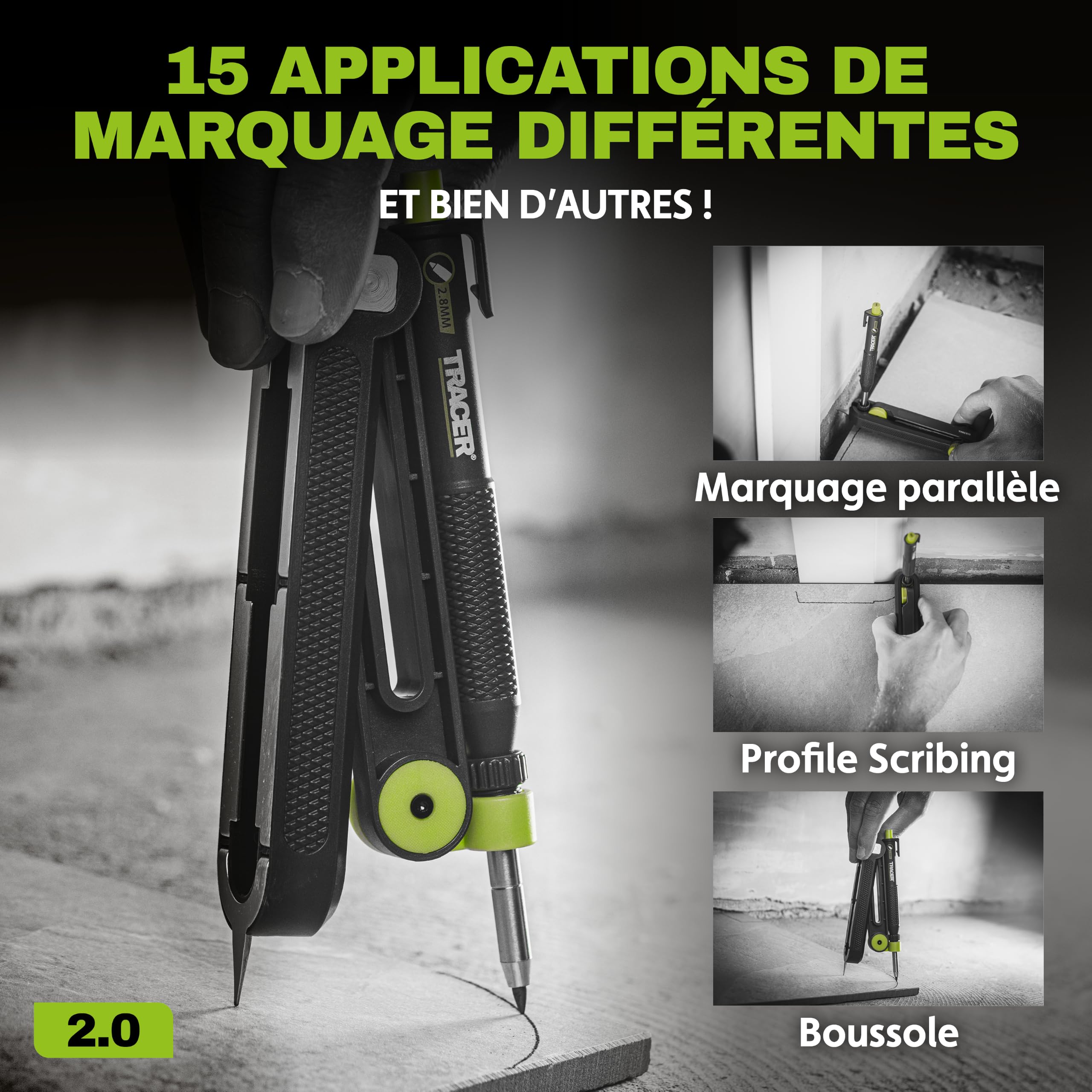 TRACER TrueScribe Outil de Traçage avec Crayon de Chantier, Étui & 12 Mines – Porte‑Mine Chantier pour Menuisiers