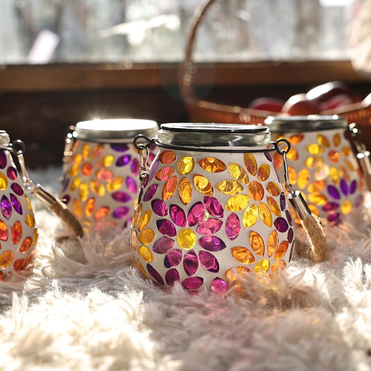 Cooo 2 Pack Valentines Day Gifts for Him Her Mosaic Solar Lantern Outdoor Waterproof IP68 Hanging Projection Light Hidden Lid Pear-Shaped Lantern with Rope Handle Solar Powered Auto On -Petal Mirage - Image 5