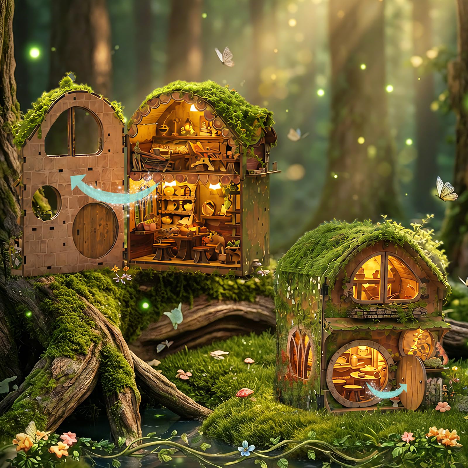 Cuteefun DIY Miniature House Kit, Treehouse Dollhouse with Open-door Design