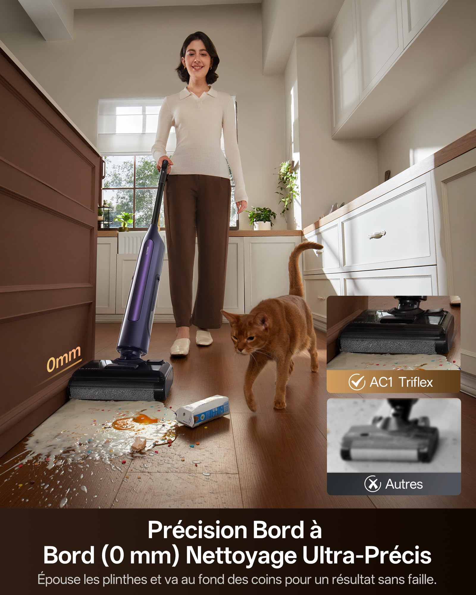 Ultenic AC1 Triflex Aspirateur Laveur, Aspirateur Sec Humide pour Sols durs, Nettoyage des Bords 0mm, Auto-Nettoyage Automatique, 55 Min, avec Voix Intelligente et Anti-Emballage de Cheveux