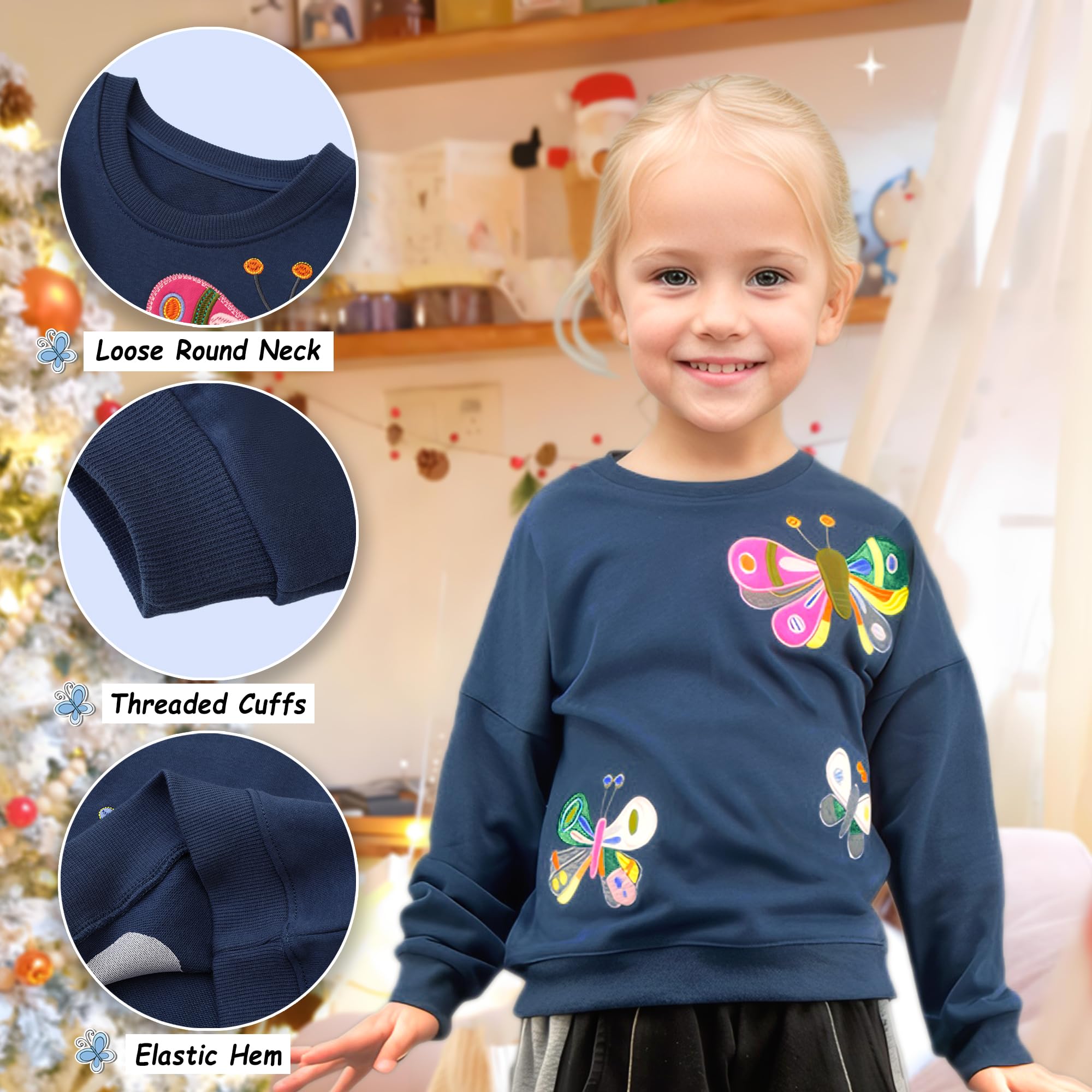 Felpe Senza Cappuccio per Ragazze Bimba Cotone Paillettes Ricamo Applique Pullover con Animale Modello Manica Lunga Maglioni Girocollo Sportive Maglia Primavera Autunno per Bambini 2-7 Anni