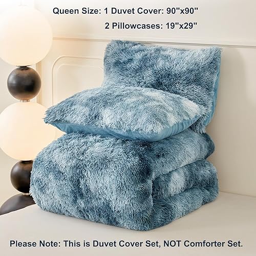 Miniatura 9 de SUCSES Juego de funda de edredón tamaño Queen esponjoso de color azul marino, juego de ropa de cama de 3 piezas de pelo sintético largo de felpa -