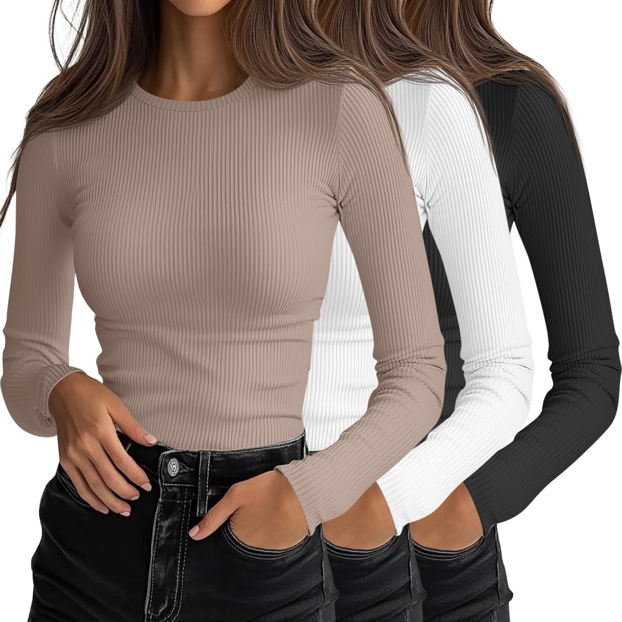 Ficerd 3 Pack Womens Ribbed Long Sleeve Tops Crew Neck Slim Fit Undershirts Knit Basic Casual Stretch Layering
