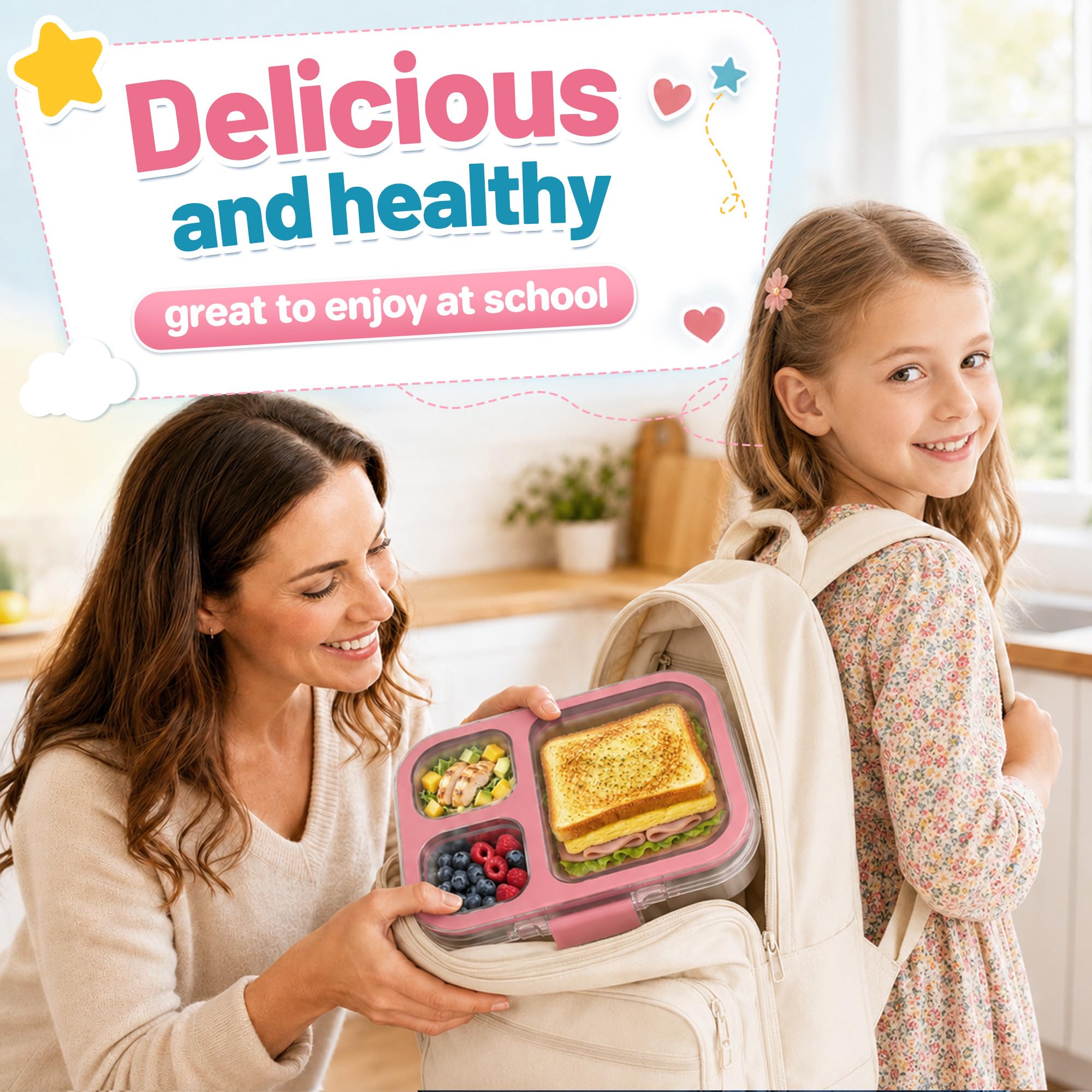 VITONIS Fiambrera infantil de acero inoxidable, fiambrera con 3 compartimentos, fiambrera infantil A prueba de fugas, sin BPA, apta para lavavajillas,Adecuado para campus, picnic (Rosa)