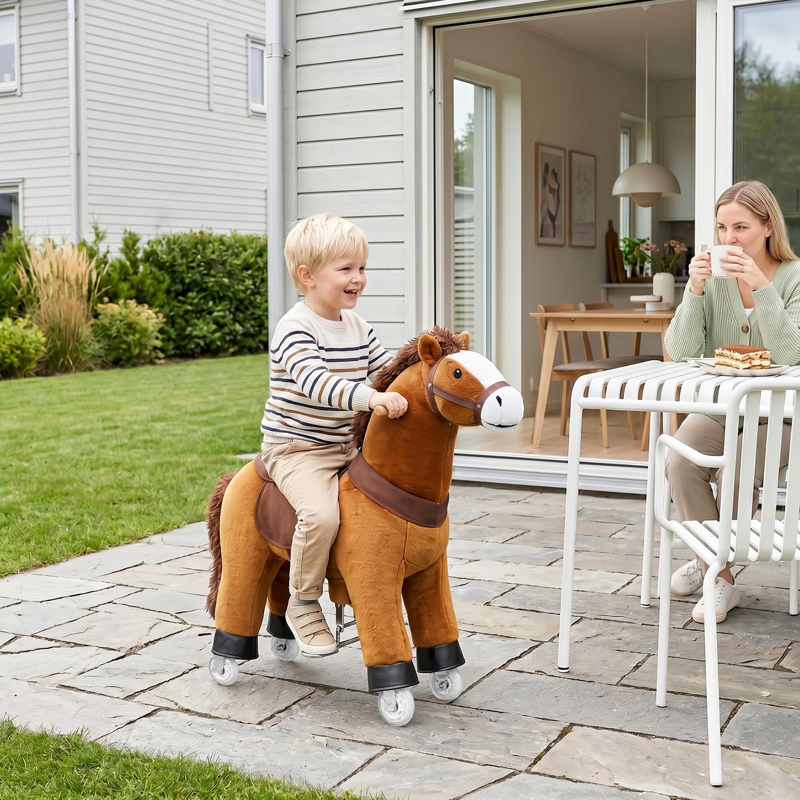 WOLTU Reitpferd für Kinder ab 4 Jahren, Plüschpferd auf Rollen mit Soundfunktion, Stehpferd aus Holz und Metall, Spielpferd zum Reiten, Kinderpferd für drinnen und draußen, Braun