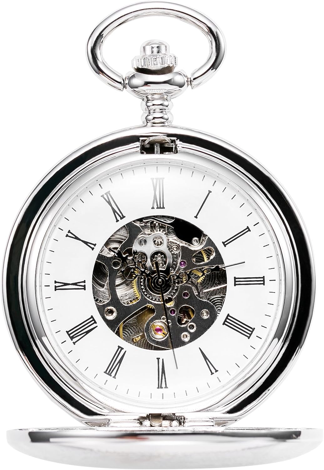 TREEWETO Mens Double Open Case Skeleton Pocket Watch Mechanical Hand Wind Full Hunter Silver Fob Watches