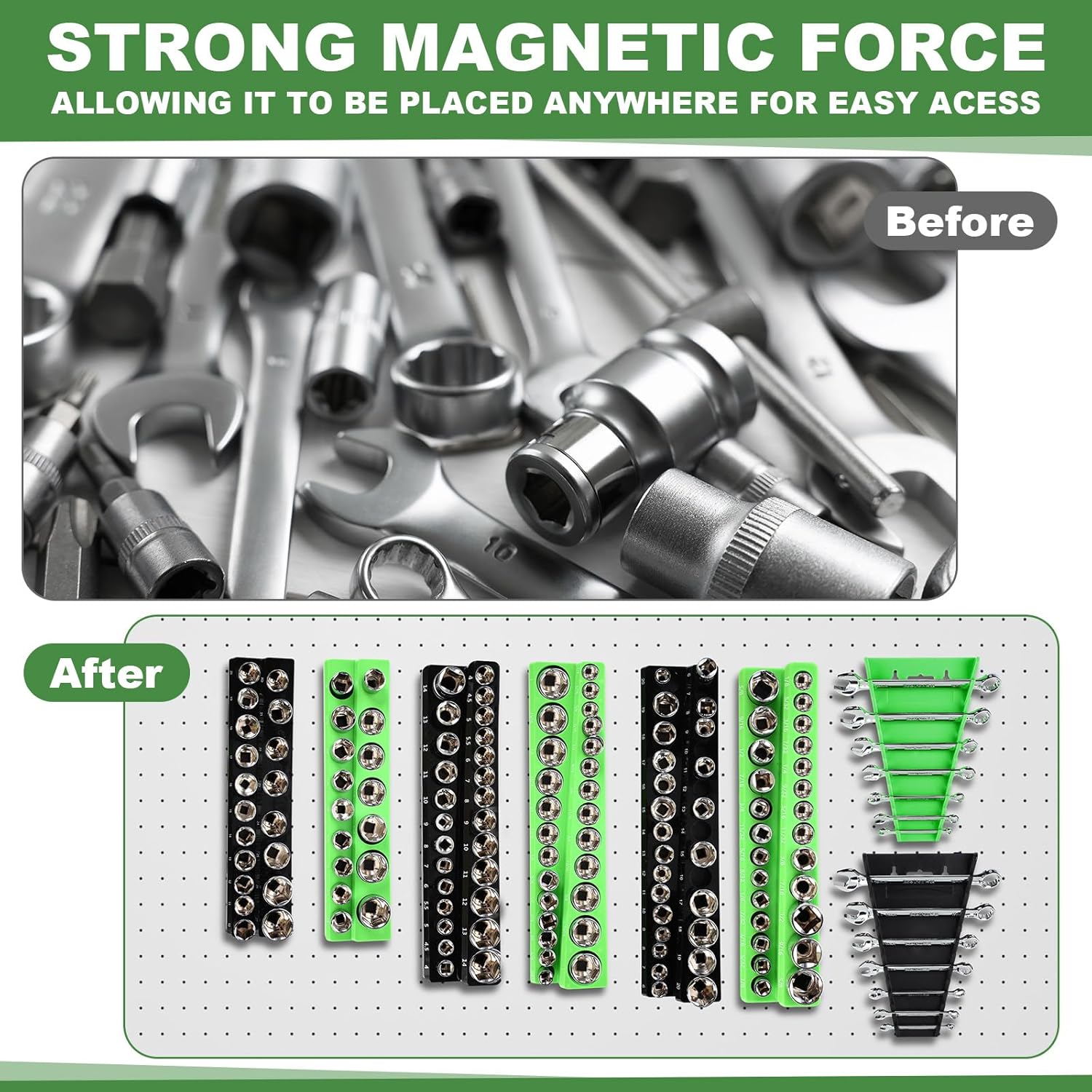 Blulu 8 Pack Magnetic Socket Organizer Set 1/4", 3/8", 1/2" Socket Holder, Magnetic Wrench Organizer 24-slot Drawer Storage Rack Tool Tray SAE (1/4" to 1-1/16"), Metric (6mm to 24mm), Green Black