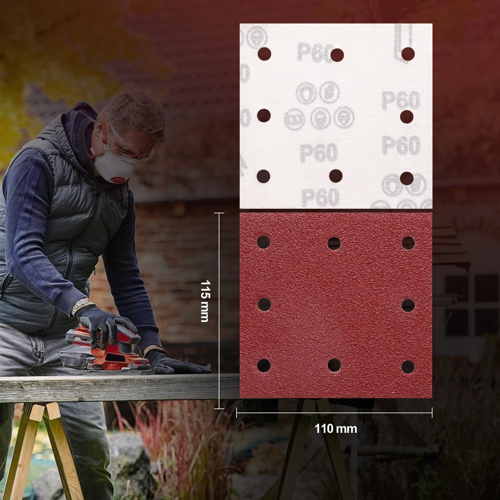 Sruhrak 50 Pezzi Carta Abrasiva Kit, 110x115mm Fogli Levigatrice 60 Grana 8 Fori Carta Vetrata Rettangolari per Levigatrice Orbitali Casuali