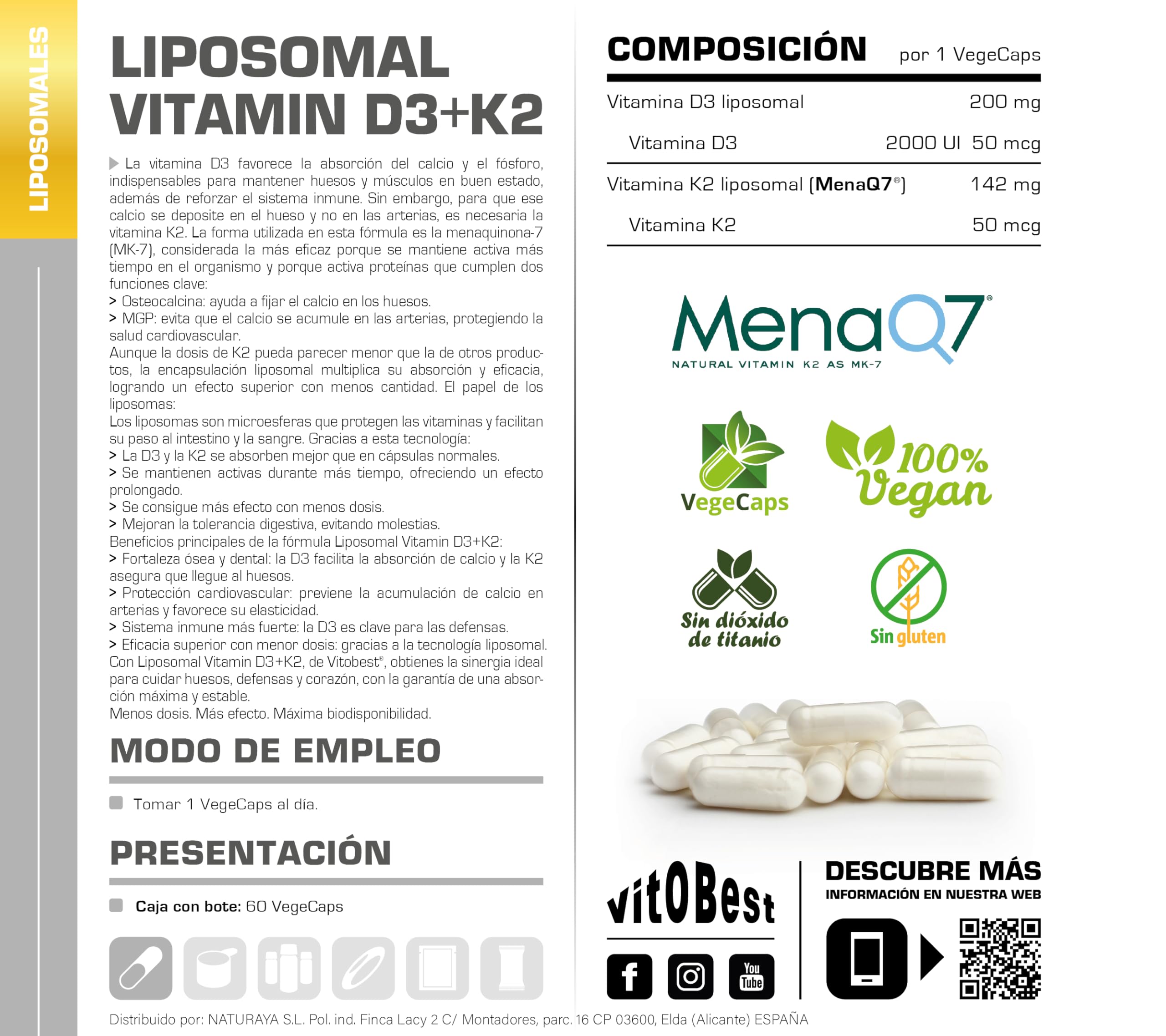 VITOBEST | Liposomal Vitamin D3+K2 | Contribuye a la absorción normal del calcio y al mantenimiento de los huesos | Vitamina D3 + K2 (MK-7) con tecnología liposomal | 60 VegeCaps