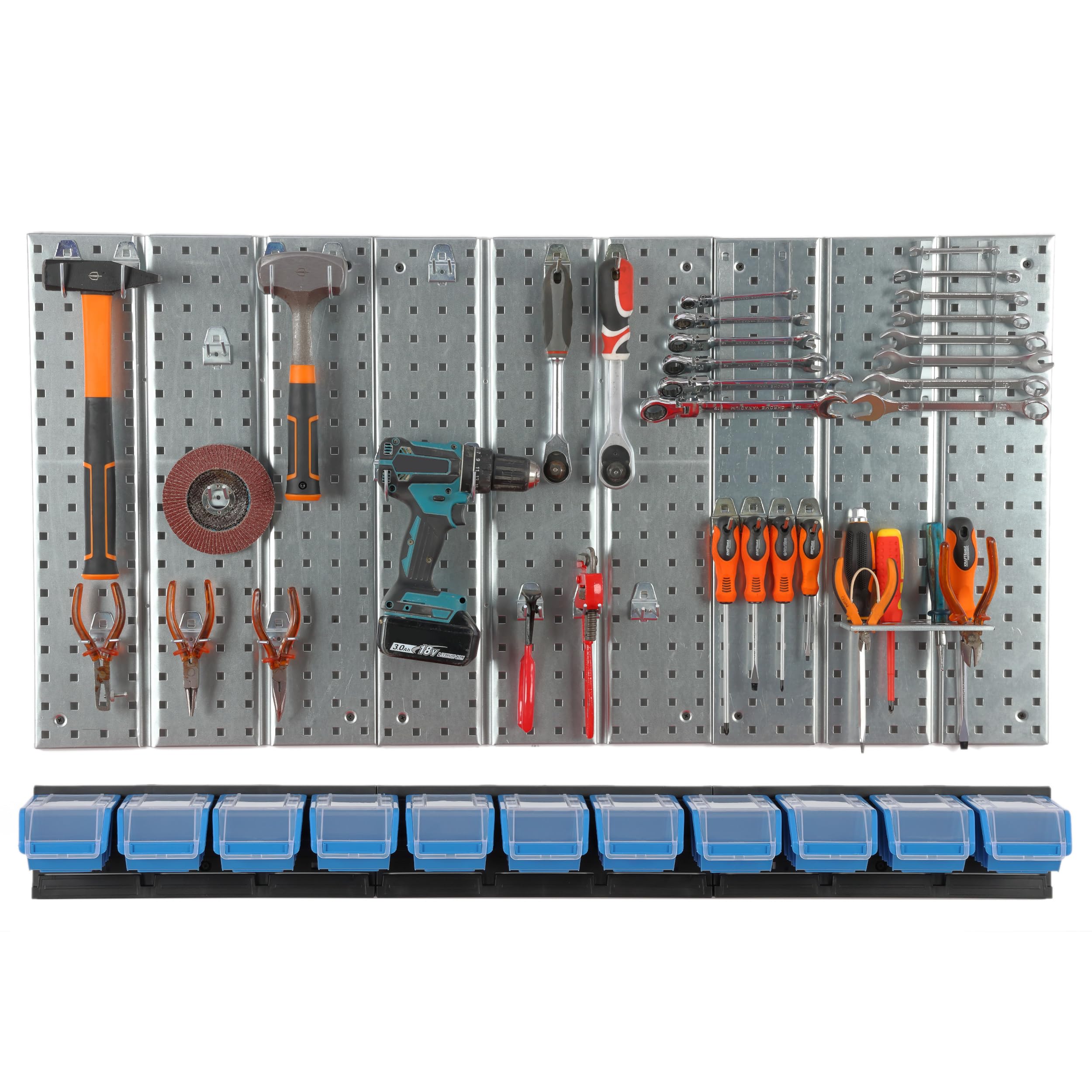 Panel de herramientas de metal 117 x 72 cm, sistema de almacenamiento con portaherramientas, ganchos para herramientas y 11 cajas apilables, 100 x 150 x 70 mm, color: azul, tablero perforado para